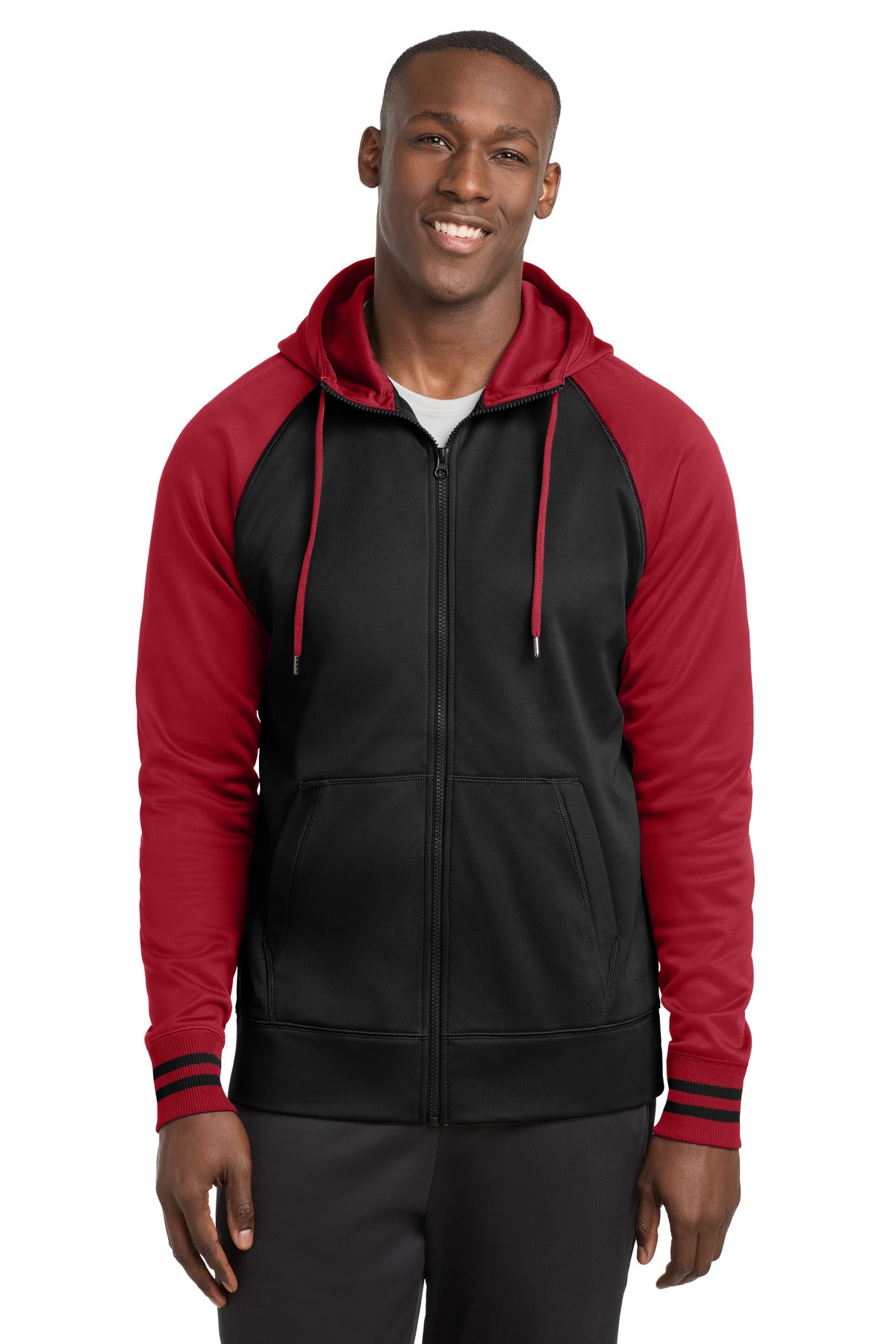 Sport-Tek Sport-Wick Varsity Fleece Full-Zip Hooded Jacket. ST236 - Black/ Deep Red