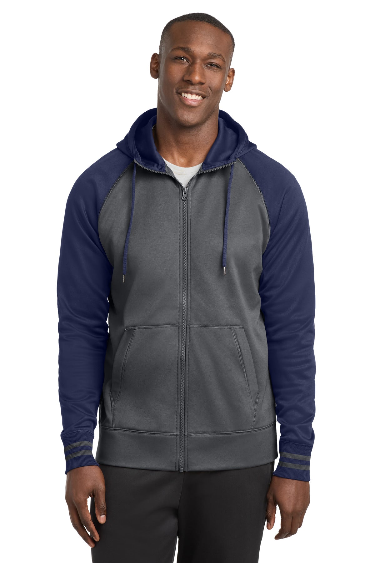 Sport-Tek Sport-Wick Varsity Fleece Full-Zip Hooded Jacket. ST236 - Dark Smoke Grey/ Navy