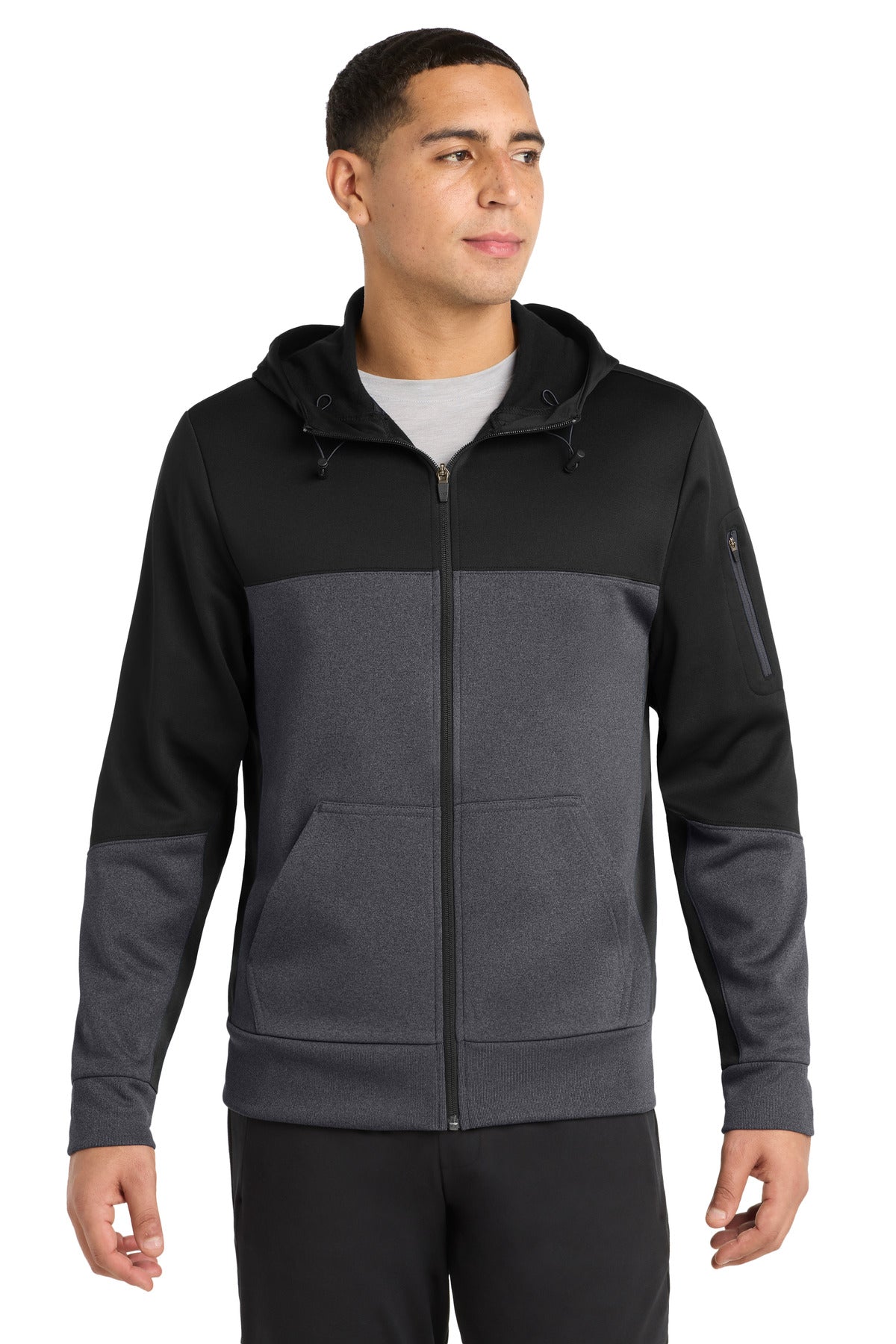 Sport-Tek Tech Fleece Colorblock Full-Zip Hooded Jacket. ST245 - Black/ Graphite Heather/ Black