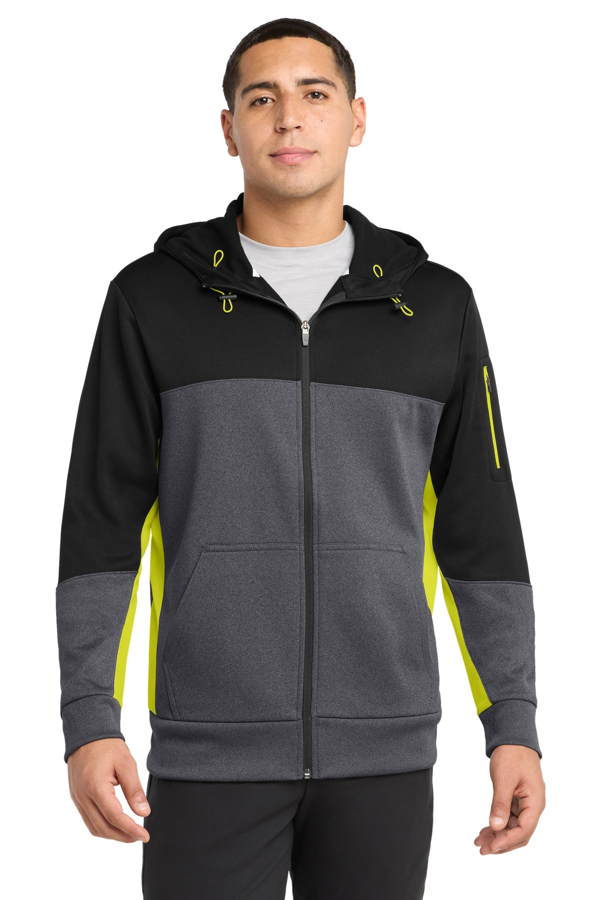 Sport-Tek Tech Fleece Colorblock Full-Zip Hooded Jacket. ST245 - Black/ Graphite Heather/ Citron