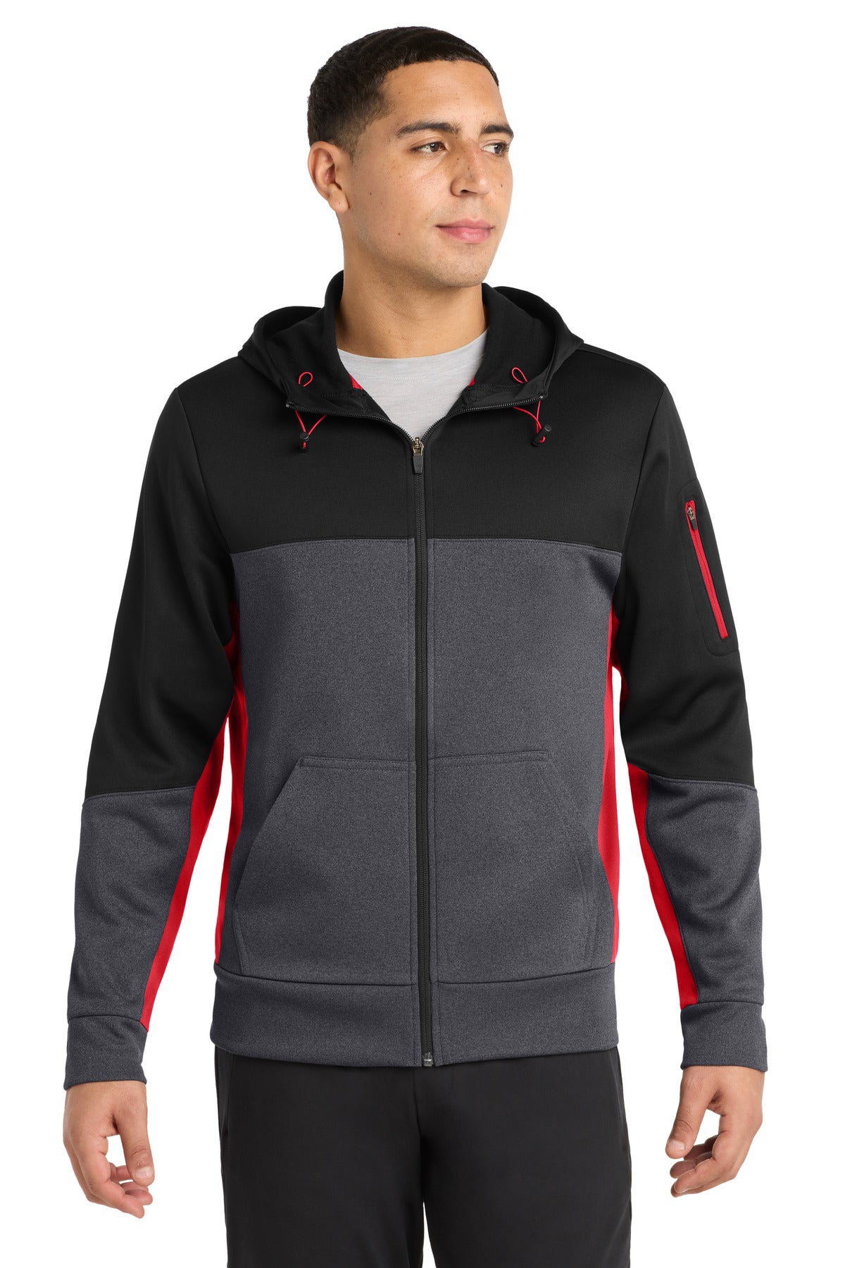Sport-Tek Tech Fleece Colorblock Full-Zip Hooded Jacket. ST245 - Black/ Graphite Heather/ True Red