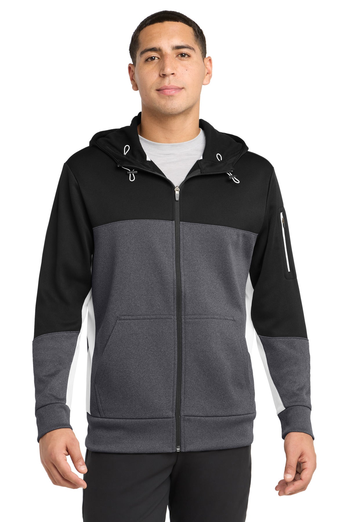 Sport-Tek Tech Fleece Colorblock Full-Zip Hooded Jacket. ST245 - Black/ Graphite Heather/ White