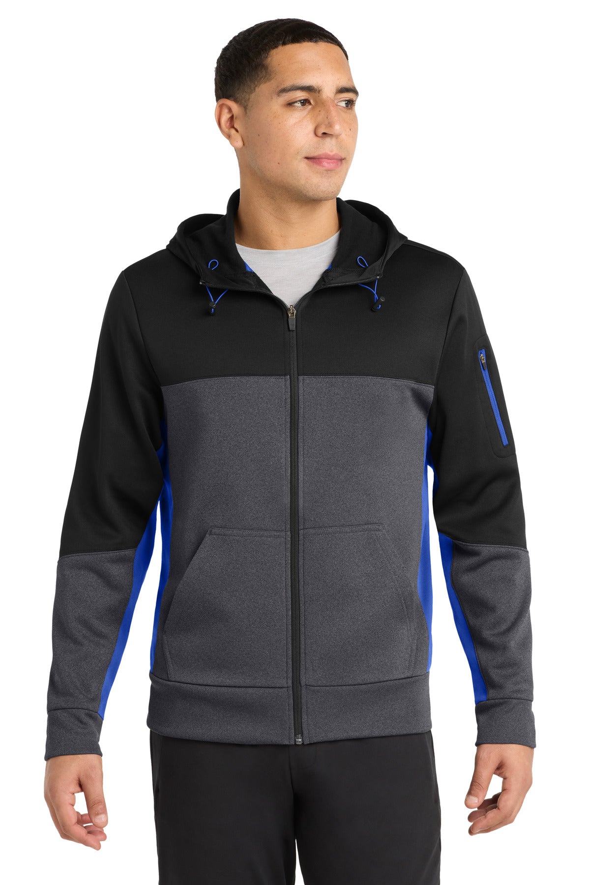 Sport-Tek Tech Fleece Colorblock Full-Zip Hooded Jacket. ST245 - Black/ Graphite Heather/ True Royal