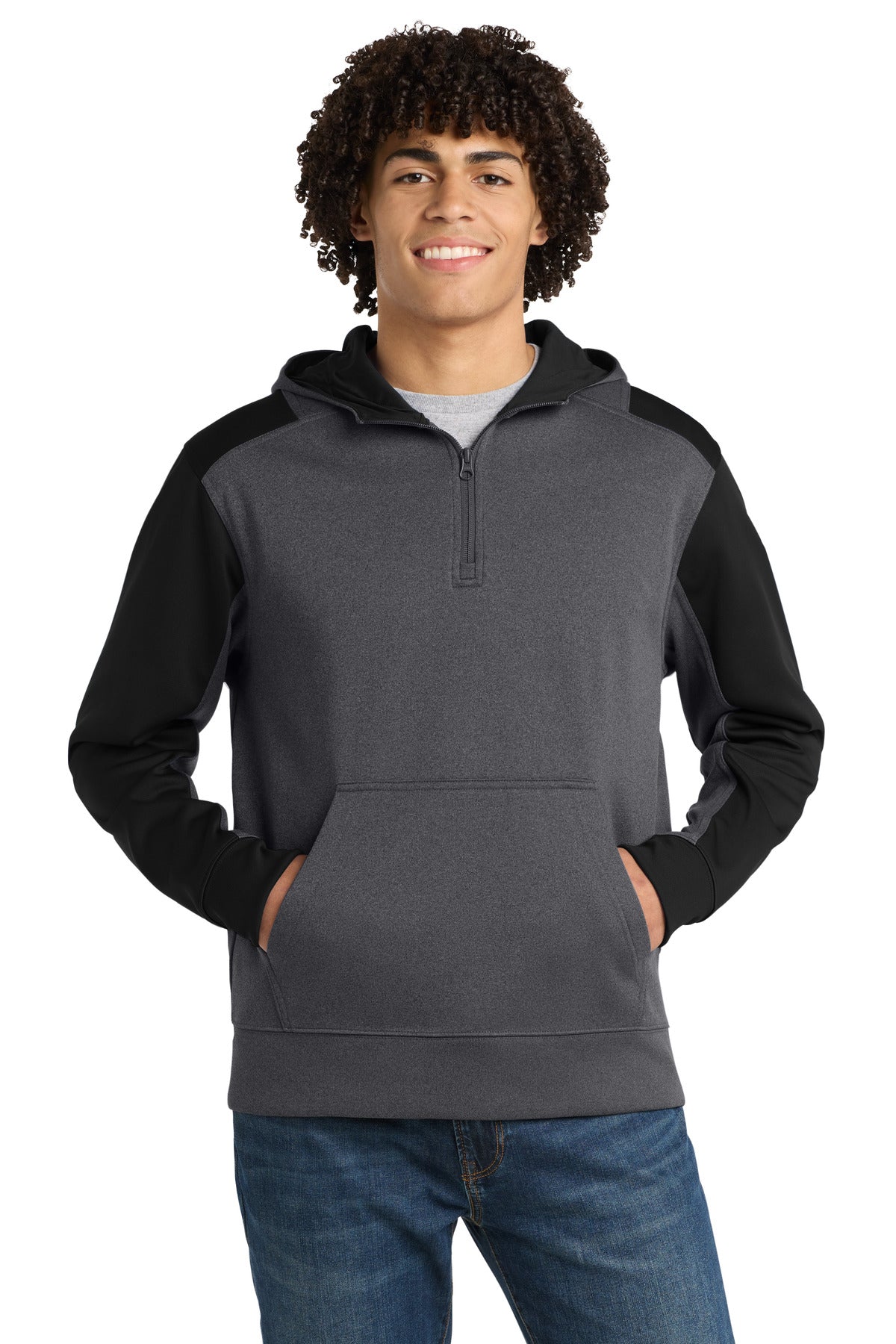 Sport-Tek  Tech Fleece Colorblock 1/4-Zip Hooded Sweatshirt. ST249 - Graphite Heather/ Black