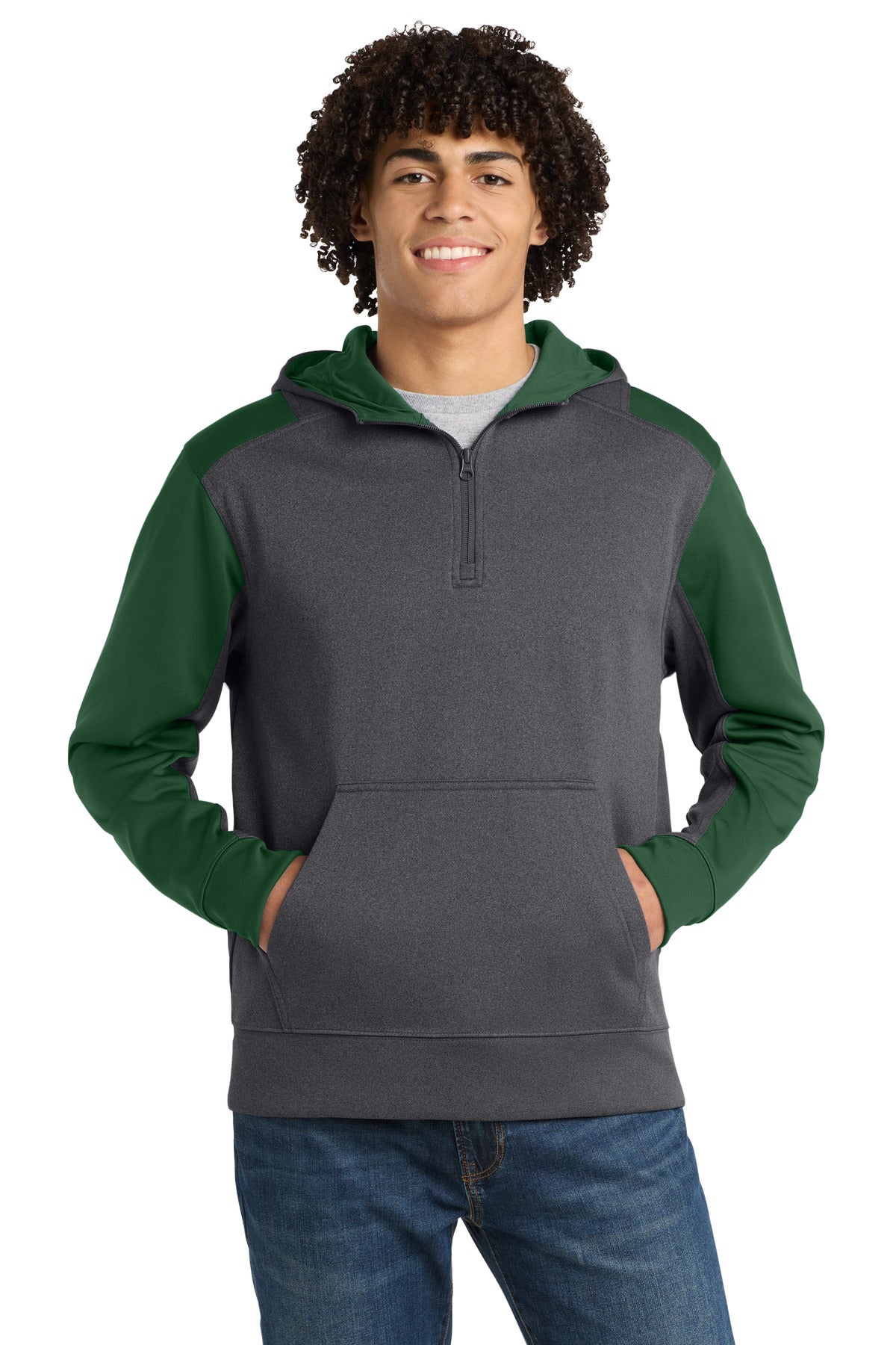 Sport-Tek  Tech Fleece Colorblock 1/4-Zip Hooded Sweatshirt. ST249 - Graphite Heather/ Forest Green