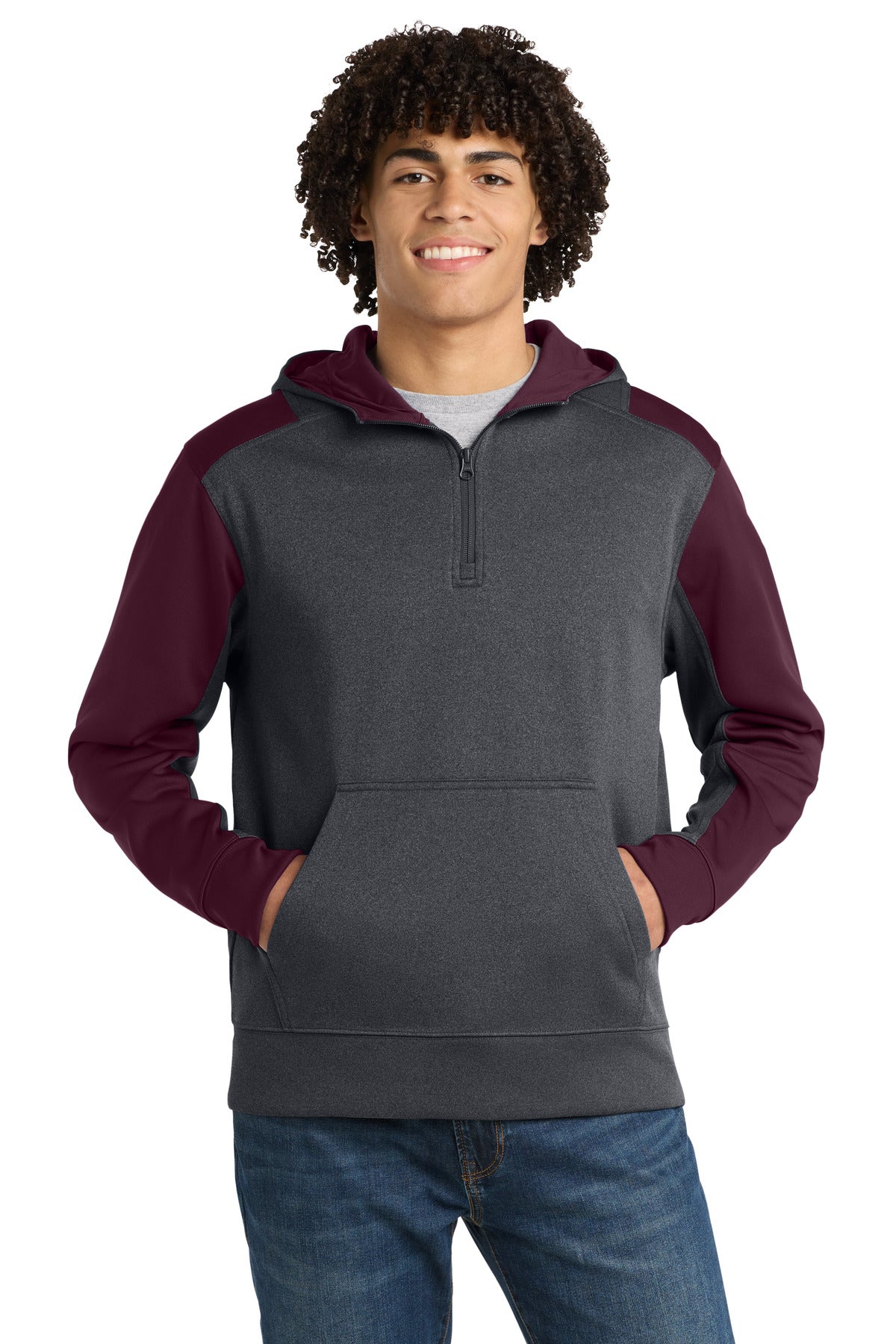 Sport-Tek  Tech Fleece Colorblock 1/4-Zip Hooded Sweatshirt. ST249 - Graphite Heather/ Maroon