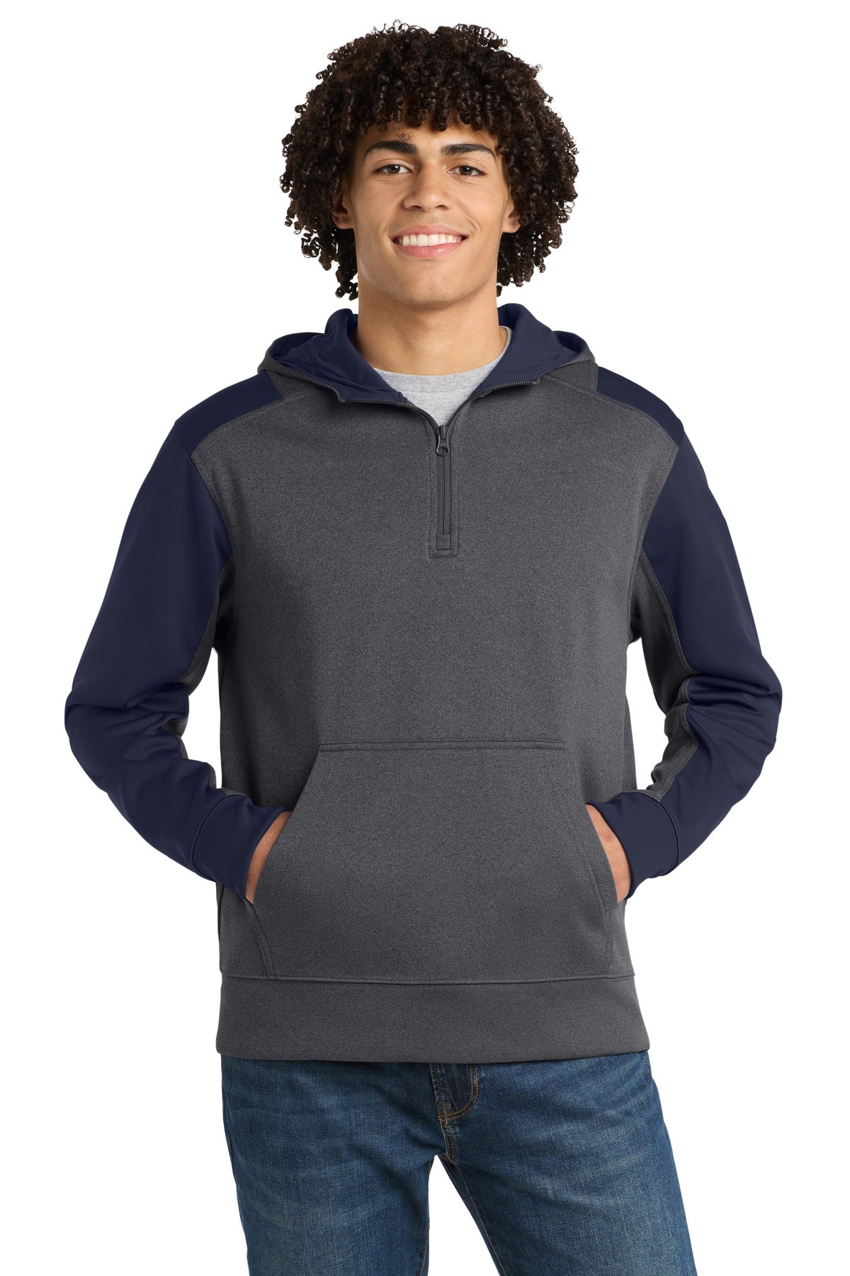 Sport-Tek  Tech Fleece Colorblock 1/4-Zip Hooded Sweatshirt. ST249 - Graphite Heather/ True Navy
