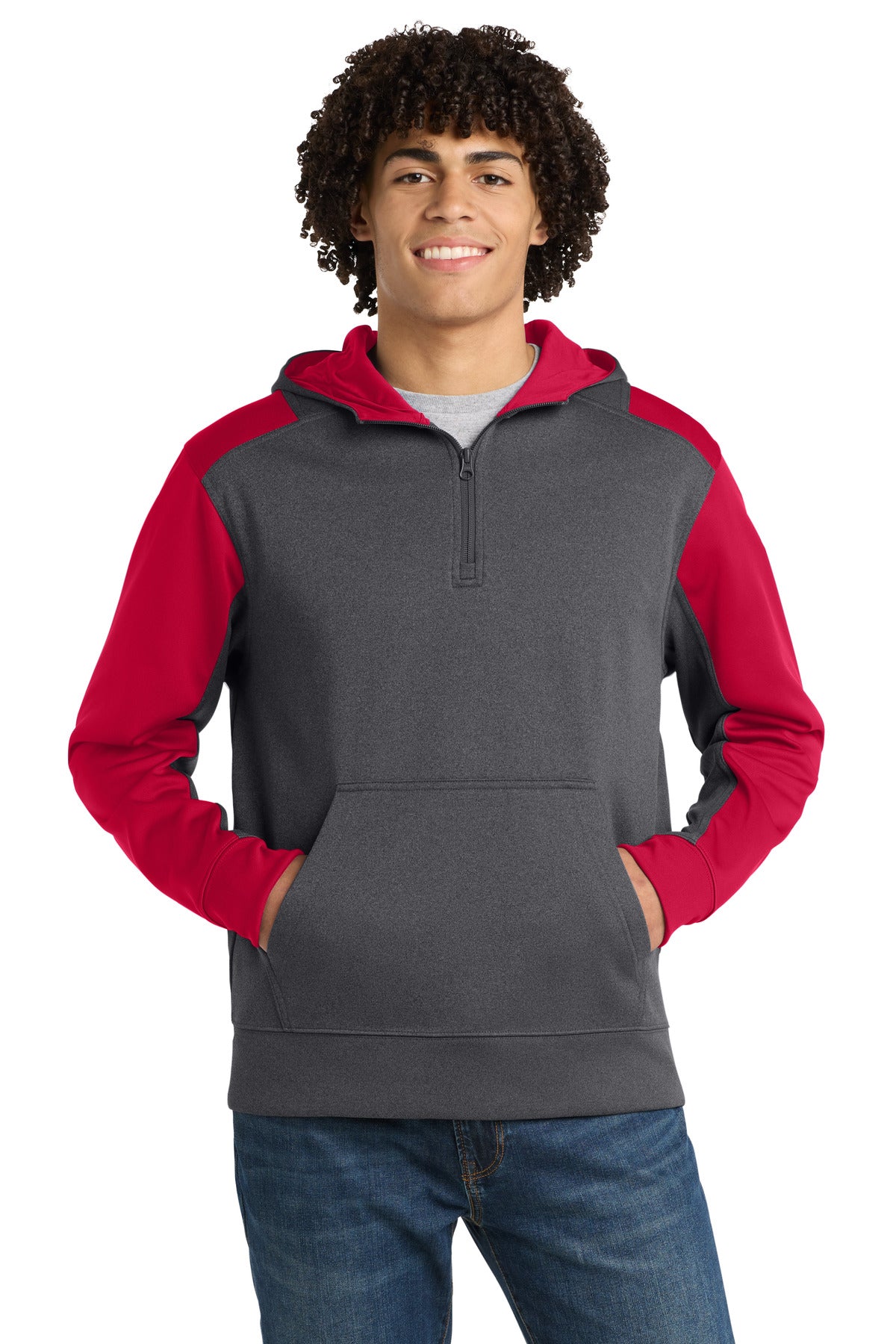 Sport-Tek  Tech Fleece Colorblock 1/4-Zip Hooded Sweatshirt. ST249 - Graphite Heather/ True Red