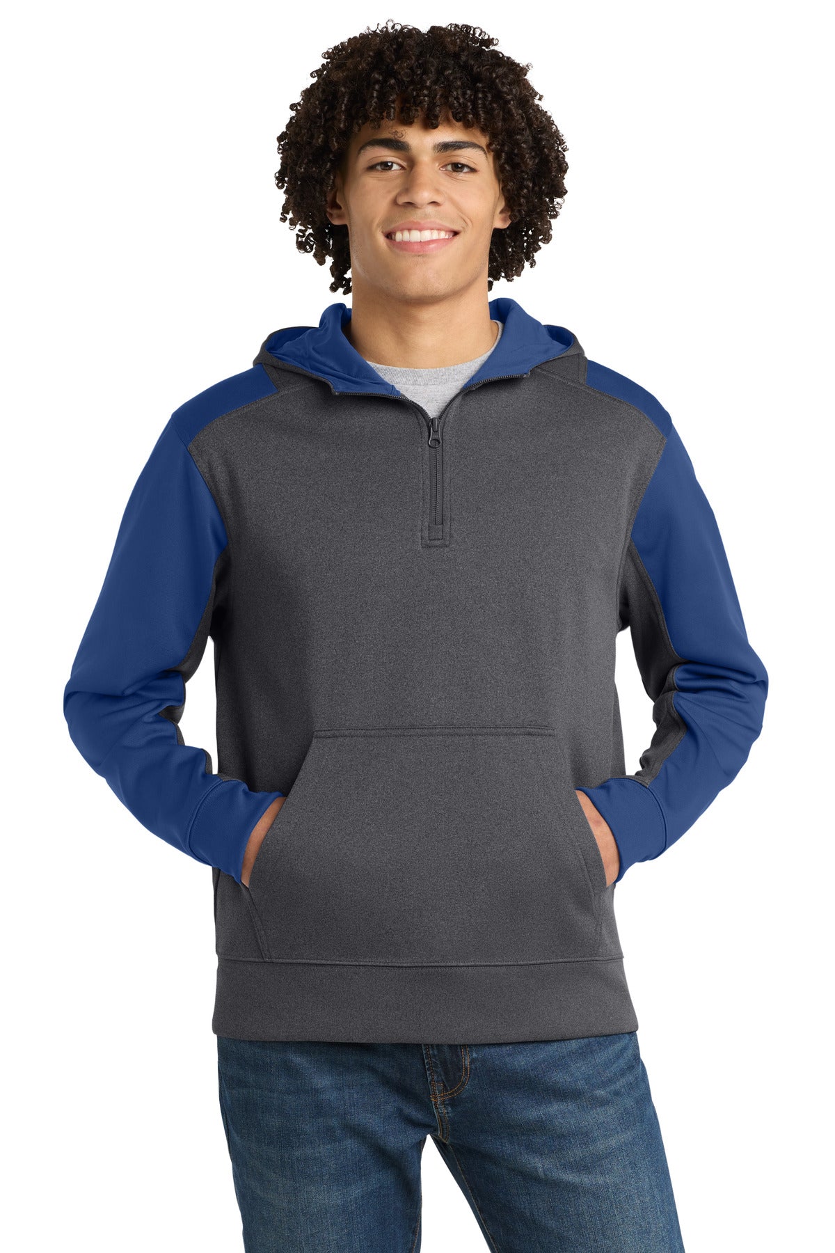 Sport-Tek  Tech Fleece Colorblock 1/4-Zip Hooded Sweatshirt. ST249 - Graphite Heather/ True Royal