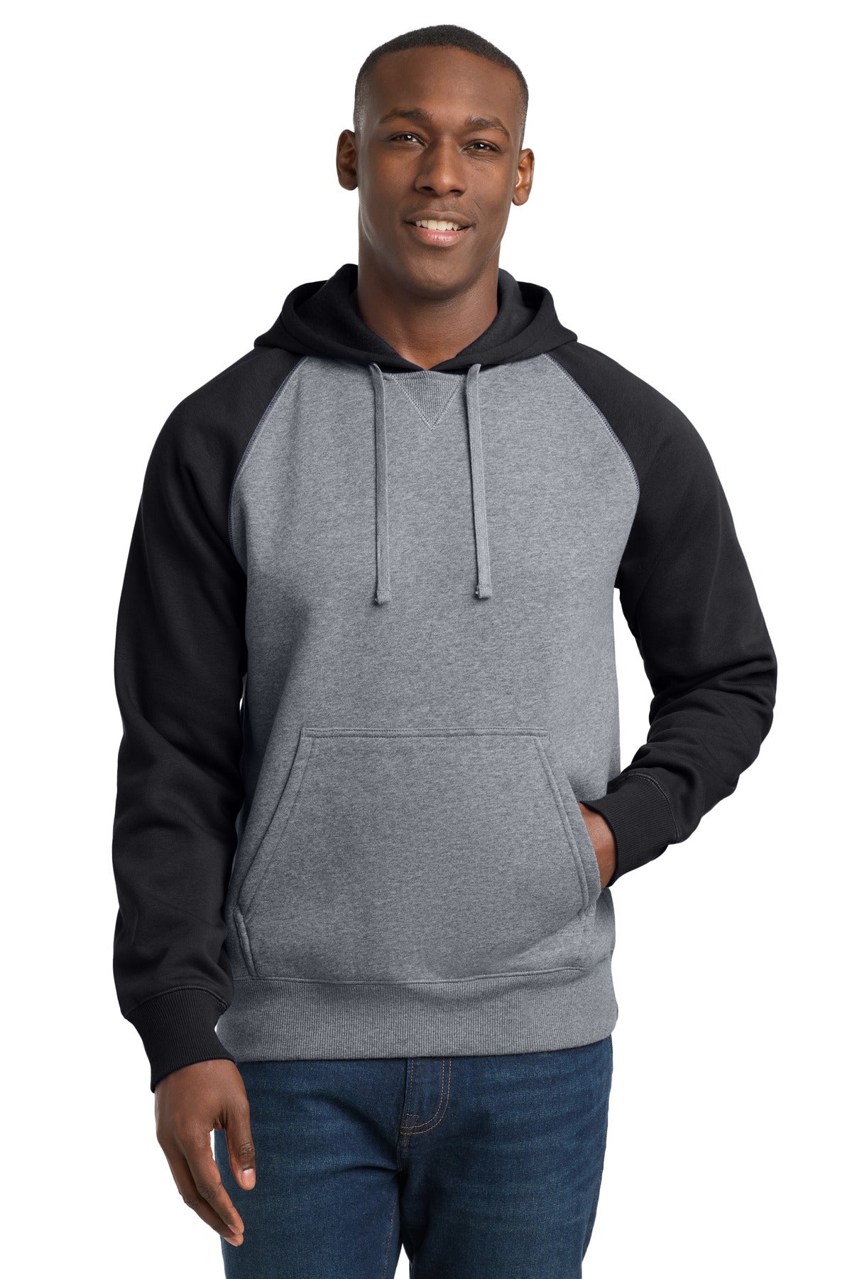 Sport-Tek Raglan Colorblock Pullover Hooded Sweatshirt. ST267 - Black/ Vintage Heather