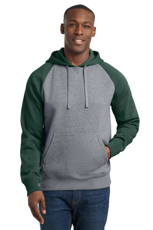 Sport-Tek Raglan Colorblock Pullover Hooded Sweatshirt. ST267 - Forest Green/ Vintage Heather