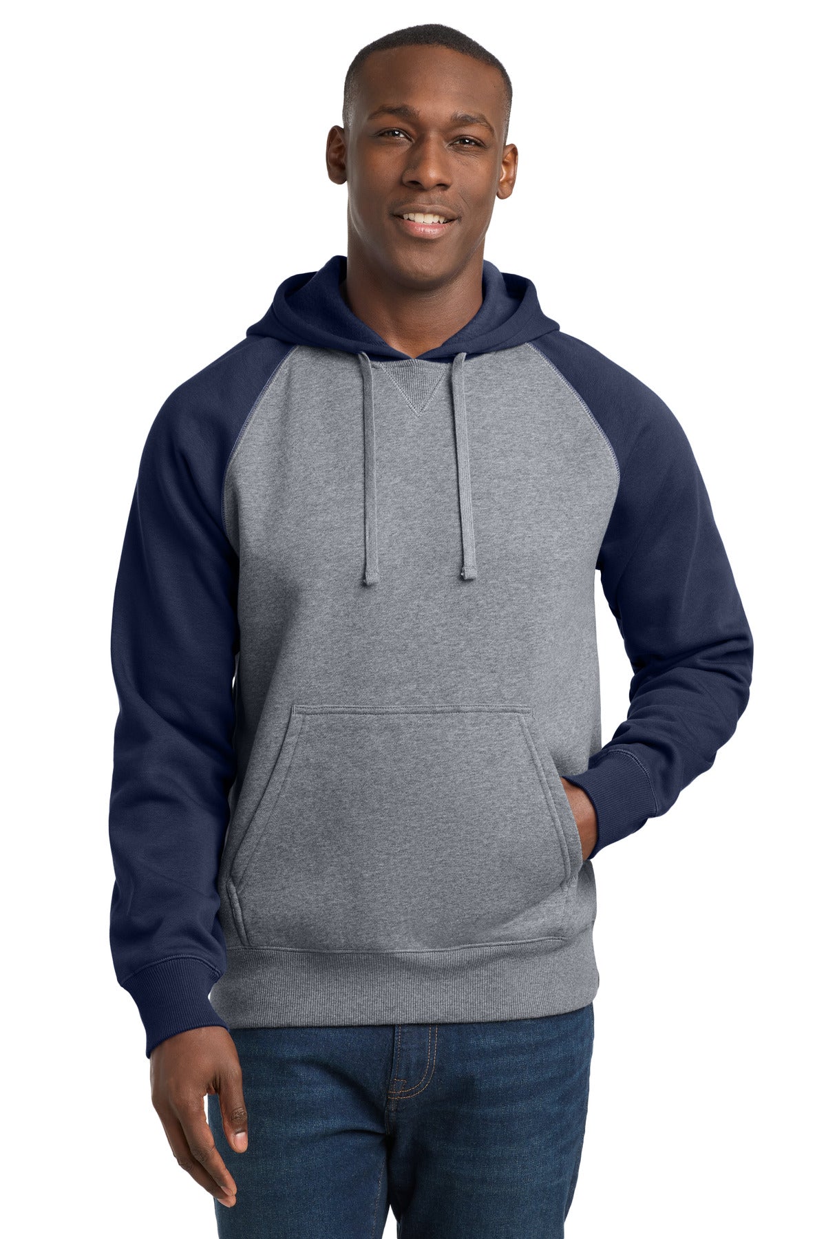 Sport-Tek Raglan Colorblock Pullover Hooded Sweatshirt. ST267 - True Navy/ Vintage Heather