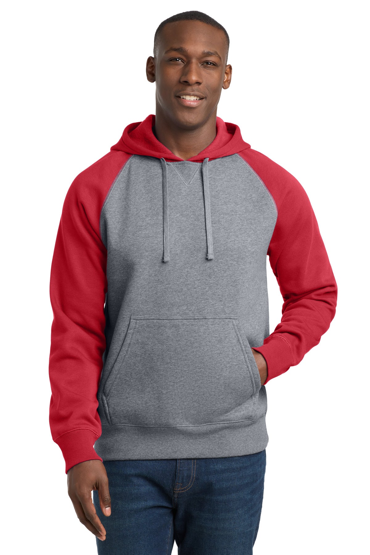 Sport-Tek Raglan Colorblock Pullover Hooded Sweatshirt. ST267 - True Red/ Vintage Heather