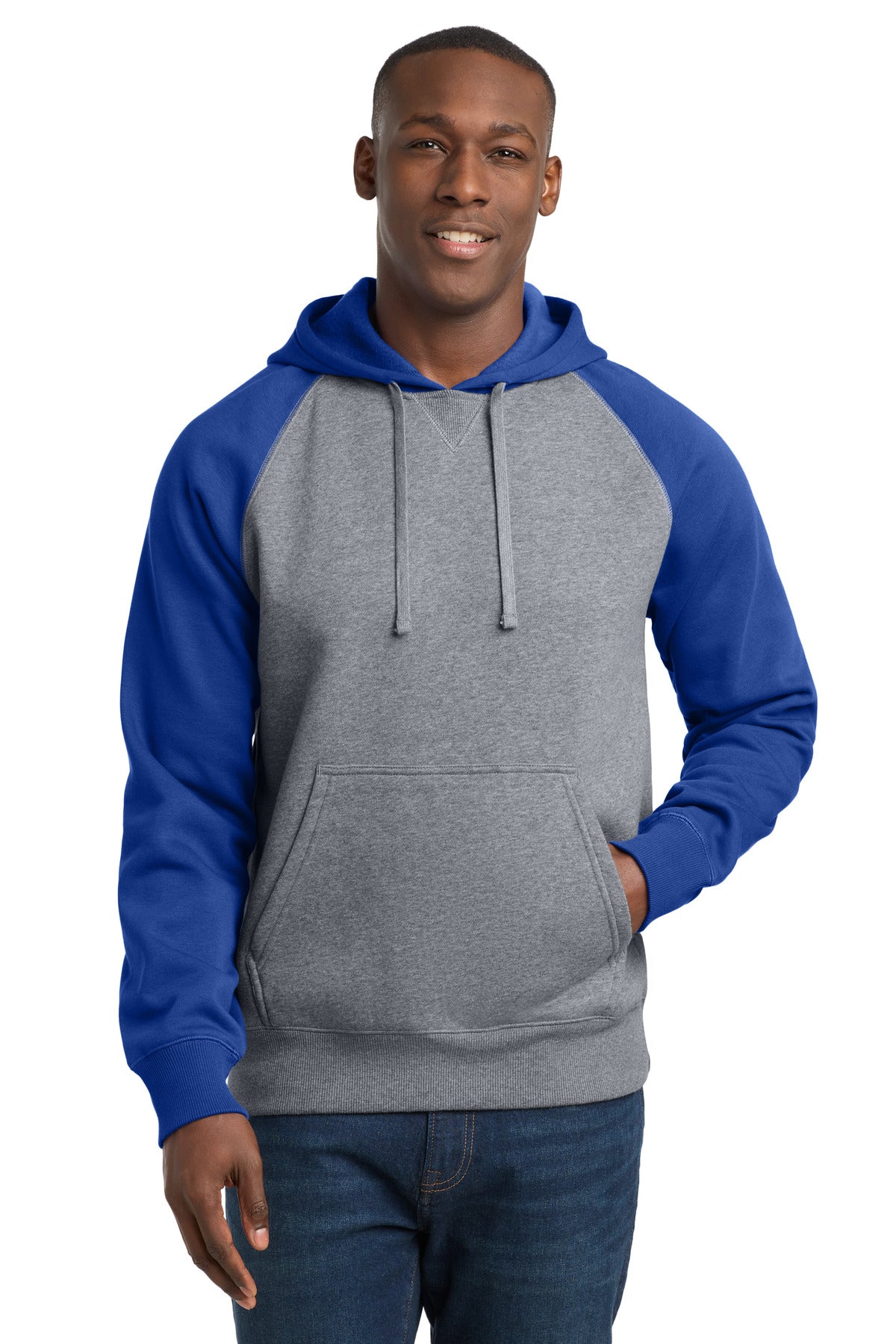 Sport-Tek Raglan Colorblock Pullover Hooded Sweatshirt. ST267 - True Royal/ Vintage Heather