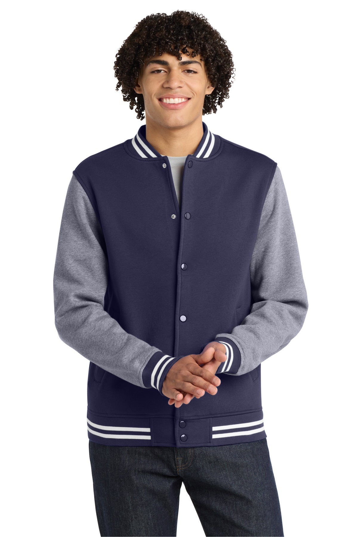 Sport-Tek Fleece Letterman Jacket. ST270 - True Navy/ Vintage Heather
