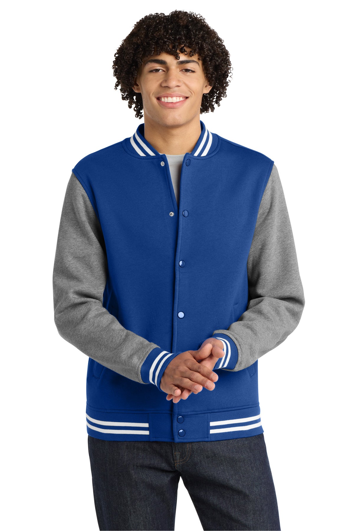 Sport-Tek Fleece Letterman Jacket. ST270 - True Royal/ Vintage Heather