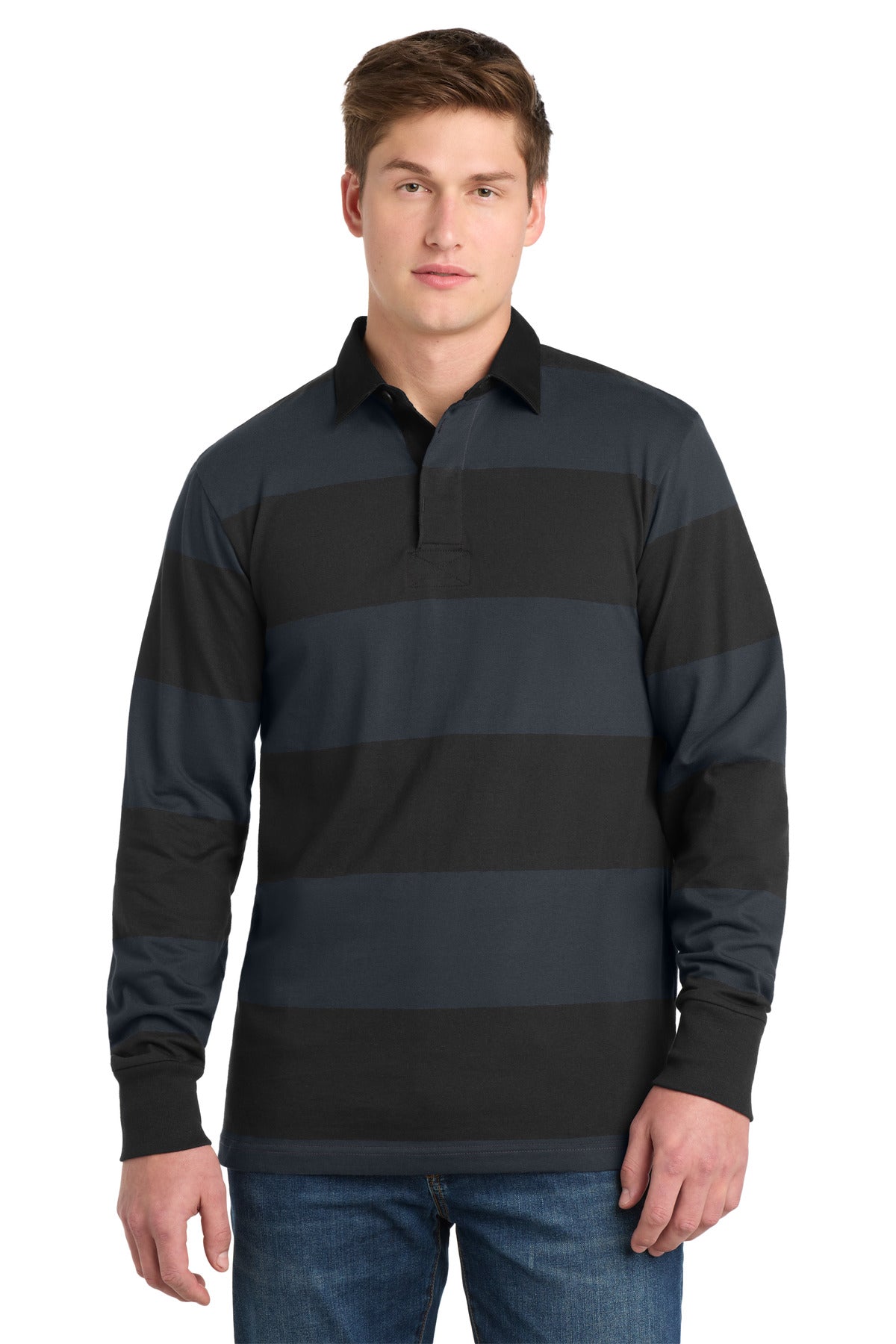 Sport-Tek Classic Long Sleeve Rugby Polo. ST301 - Black/ Graphite