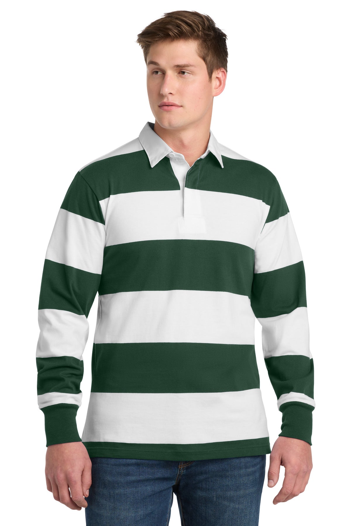 Sport-Tek Classic Long Sleeve Rugby Polo. ST301 - Forest Green/ White