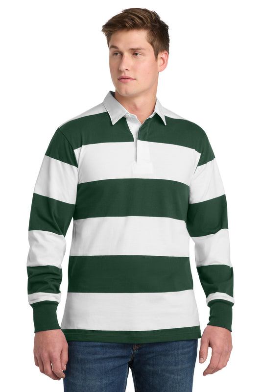 Sport-Tek Classic Long Sleeve Rugby Polo. ST301 - Forest Green/ White