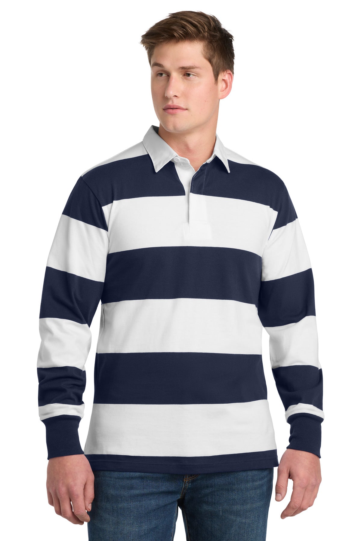 Sport-Tek Classic Long Sleeve Rugby Polo. ST301 - True Navy/ White
