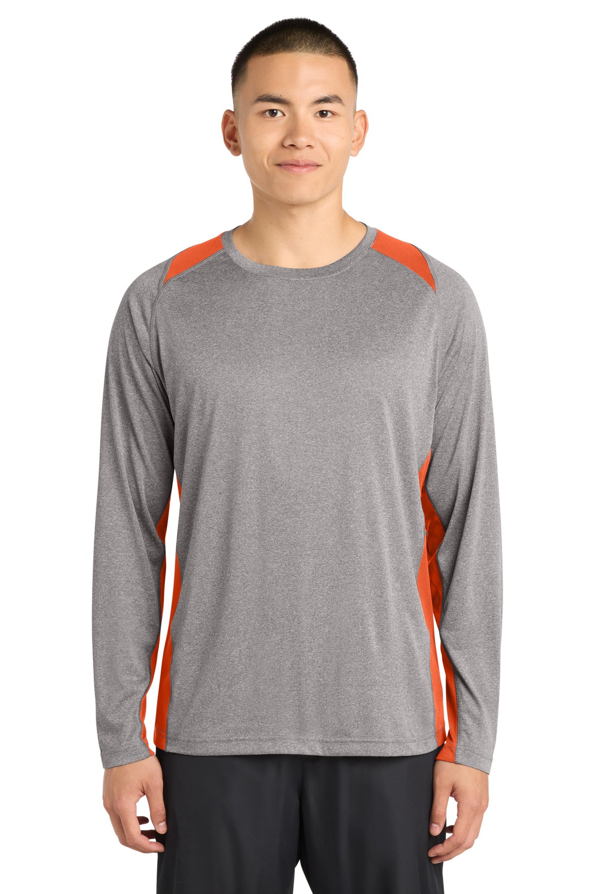Sport-Tek Long Sleeve Heather Colorblock Contender Tee. ST361LS - Vintage Heather/ Deep Orange