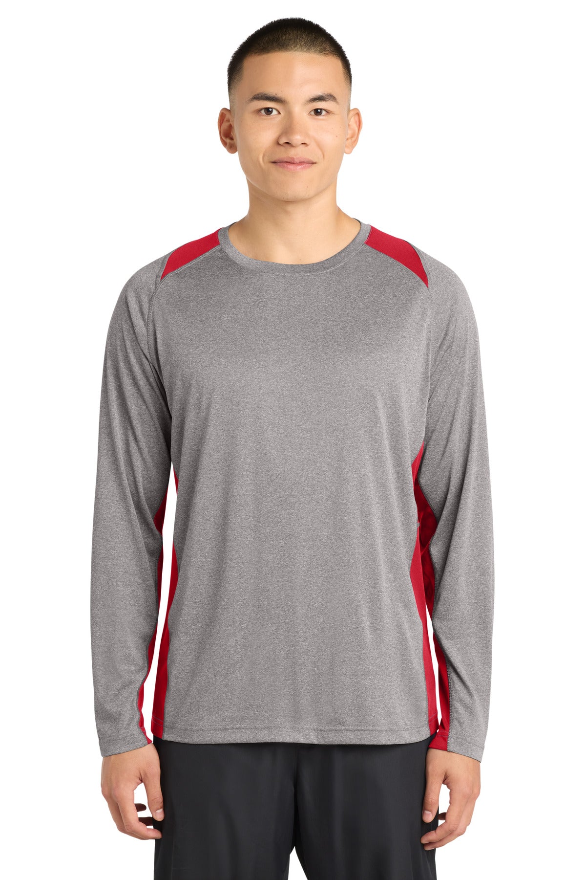 Sport-Tek Long Sleeve Heather Colorblock Contender Tee. ST361LS - Vintage Heather/ True Red