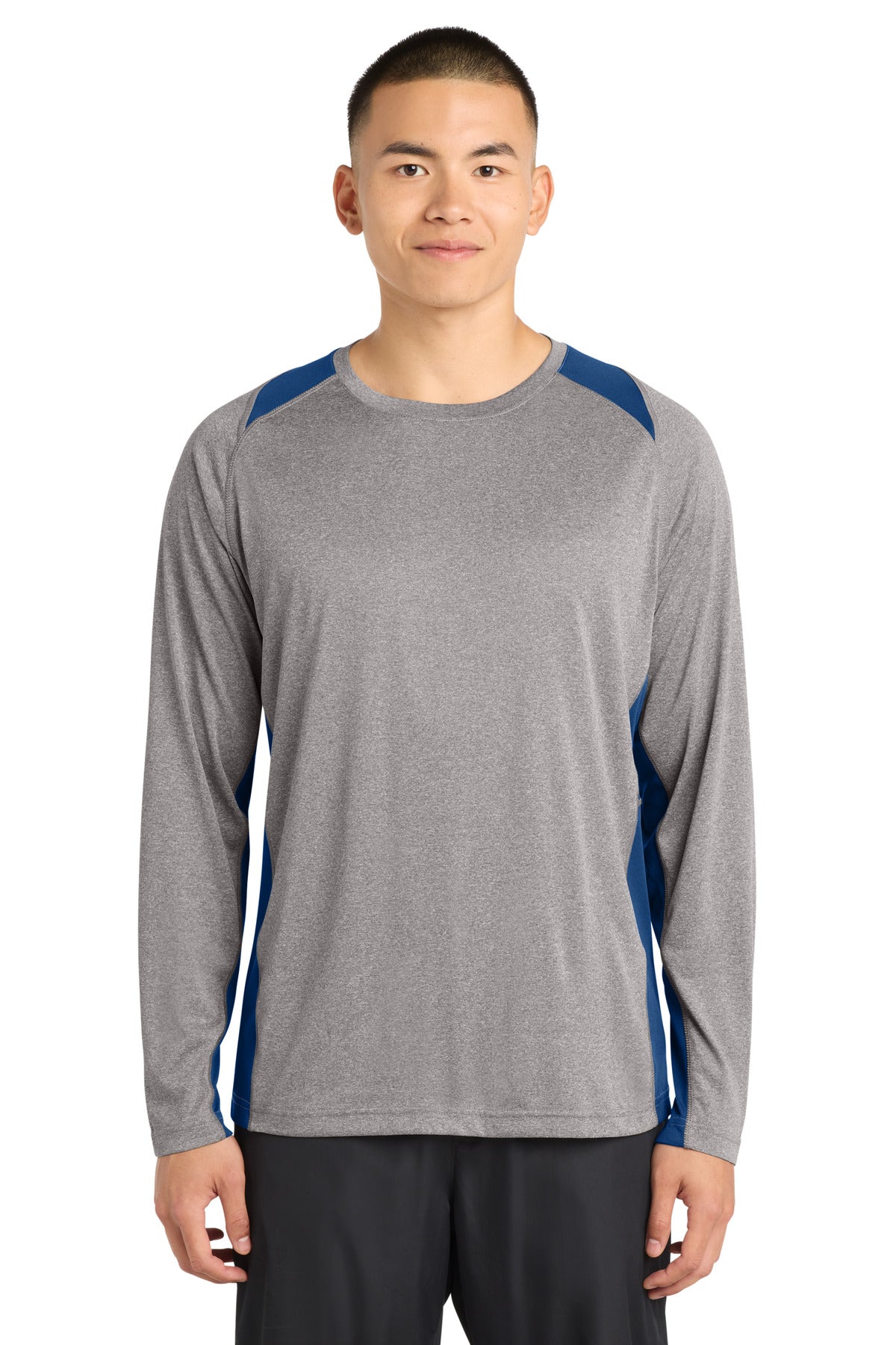 Sport-Tek Long Sleeve Heather Colorblock Contender Tee. ST361LS - Vintage Heather/ True Royal