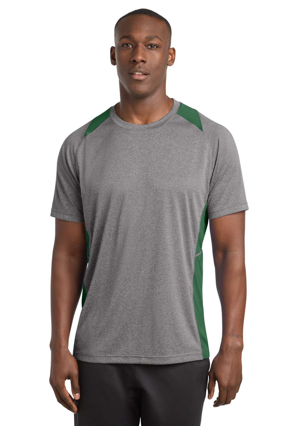 Sport-Tek Heather Colorblock Contender Tee. ST361 - Vintage Heather/ Forest Green