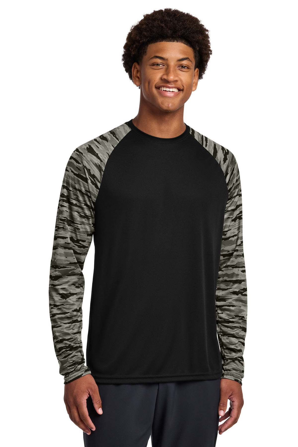 Sport-Tek Drift Camo Colorblock Long Sleeve Tee ST376LS - Black