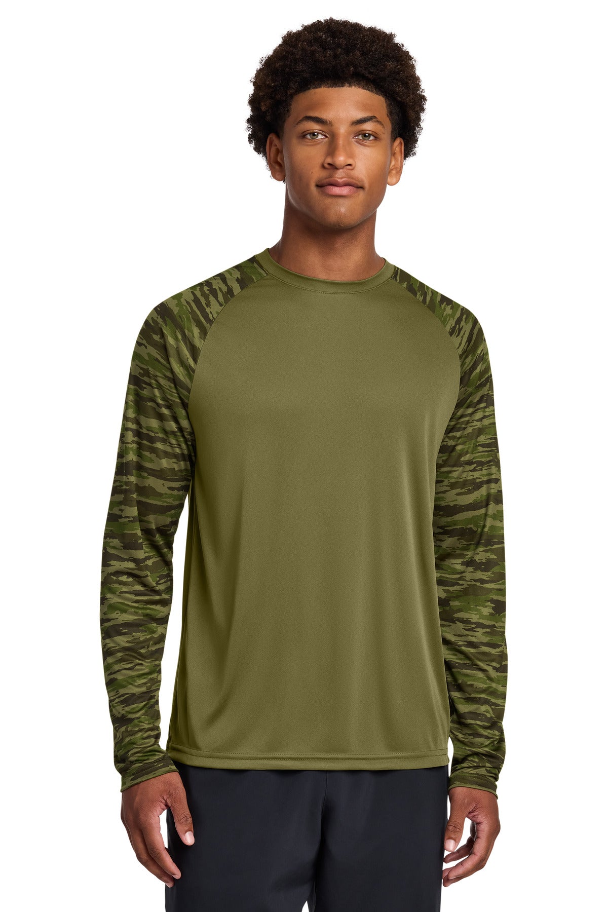 Sport-Tek Drift Camo Colorblock Long Sleeve Tee ST376LS - Olive Drab Green