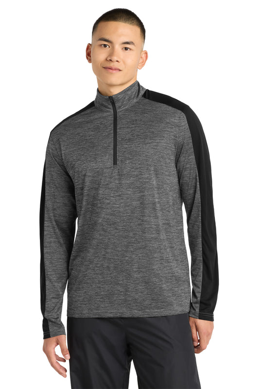 Sport-Tek PosiCharge Electric Heather Colorblock 1/4-Zip Pullover. ST397 - Grey-Black Electric/ Black