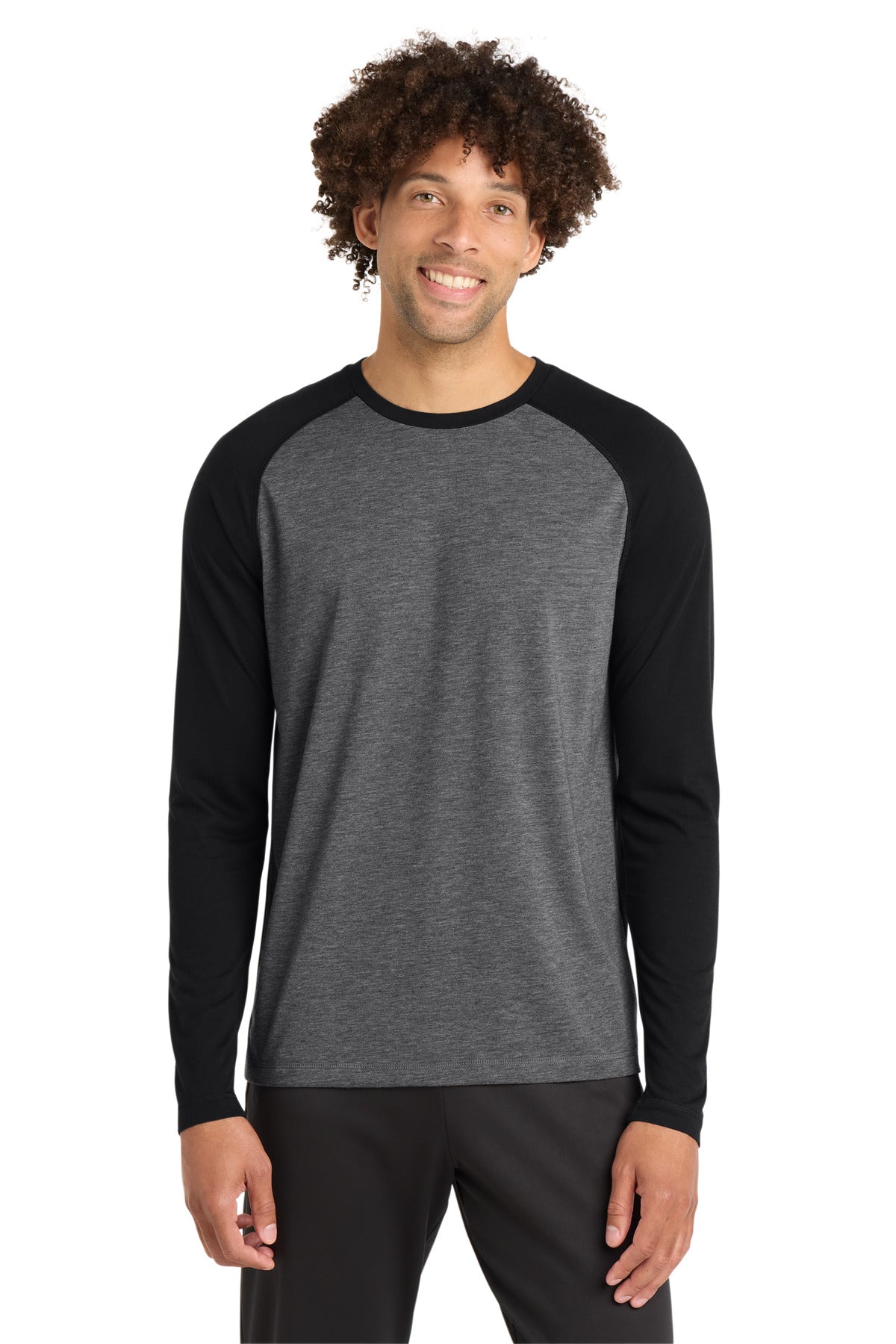 Sport-Tek  PosiCharge  Long Sleeve Tri-Blend Wicking Raglan Tee ST400LS - Black Triad Solid/ Dark Grey Heather