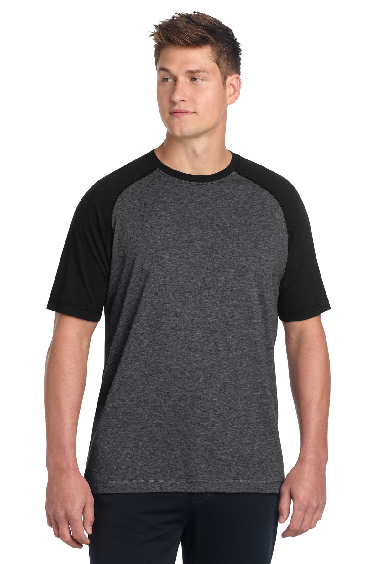 Sport-Tek  PosiCharge  Tri-Blend Wicking Raglan Tee. ST400 - Black Triad Solid/ Dark Grey Heather