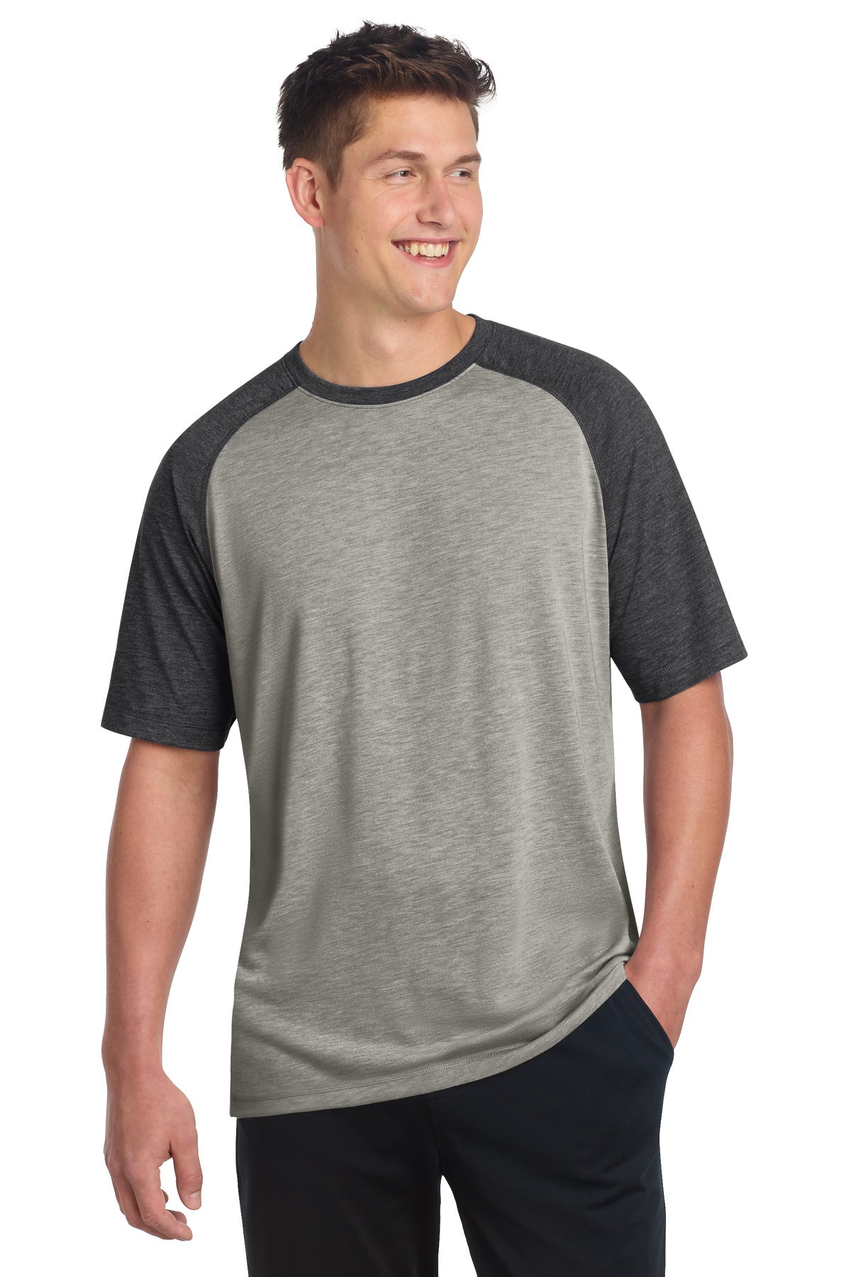 Sport-Tek  PosiCharge  Tri-Blend Wicking Raglan Tee. ST400 - Dark Grey Heather/ Light Grey Heather