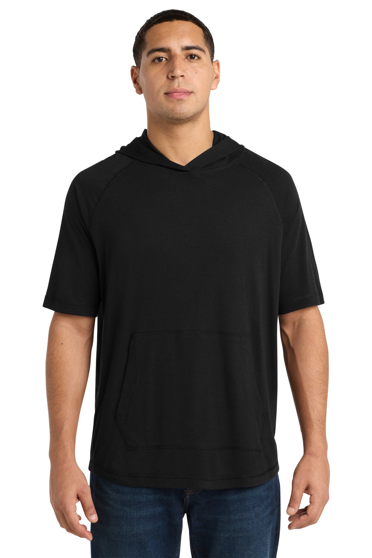 Sport-Tek  PosiCharge  Tri-Blend Wicking Short Sleeve Hoodie. ST404 - Black Triad Solid