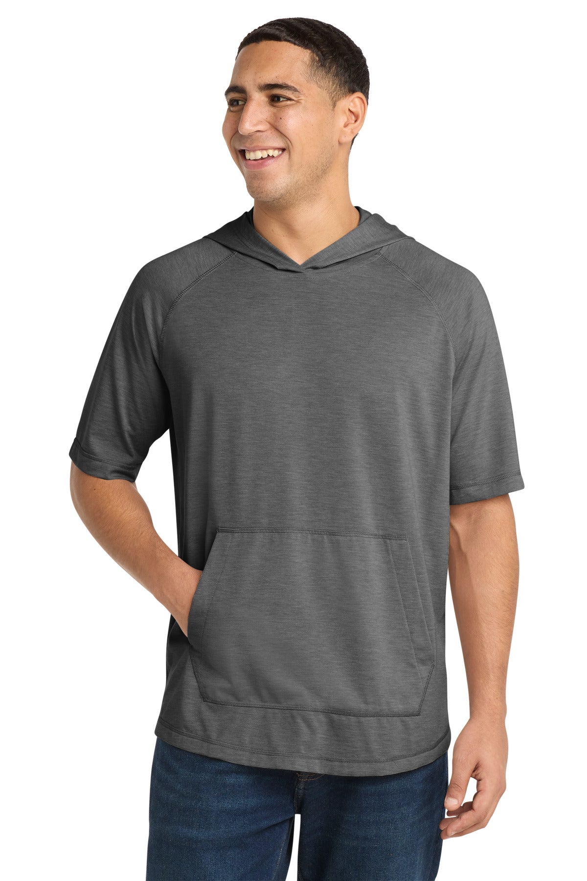 Sport-Tek  PosiCharge  Tri-Blend Wicking Short Sleeve Hoodie. ST404 - Dark Grey Heather