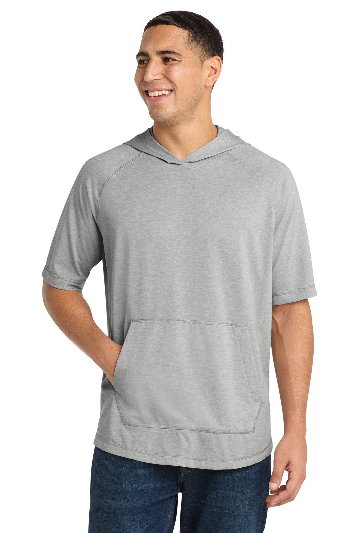 Sport-Tek  PosiCharge  Tri-Blend Wicking Short Sleeve Hoodie. ST404 - Light Grey Heather