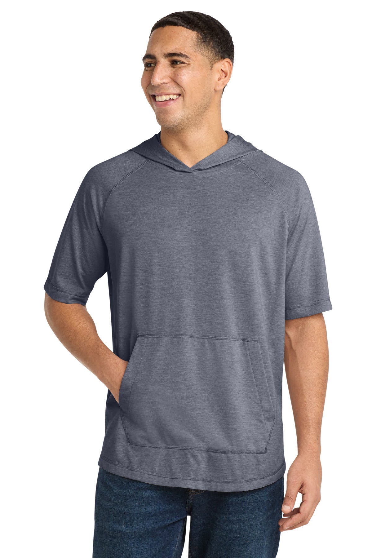 Sport-Tek  PosiCharge  Tri-Blend Wicking Short Sleeve Hoodie. ST404 - True Navy Heather
