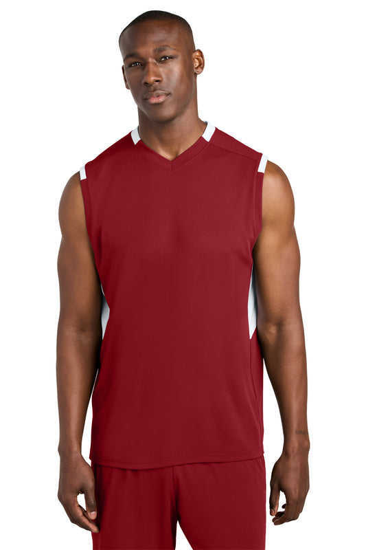 Sport-Tek Club Sleeveless V-Neck ST441 - Deep Red/ White