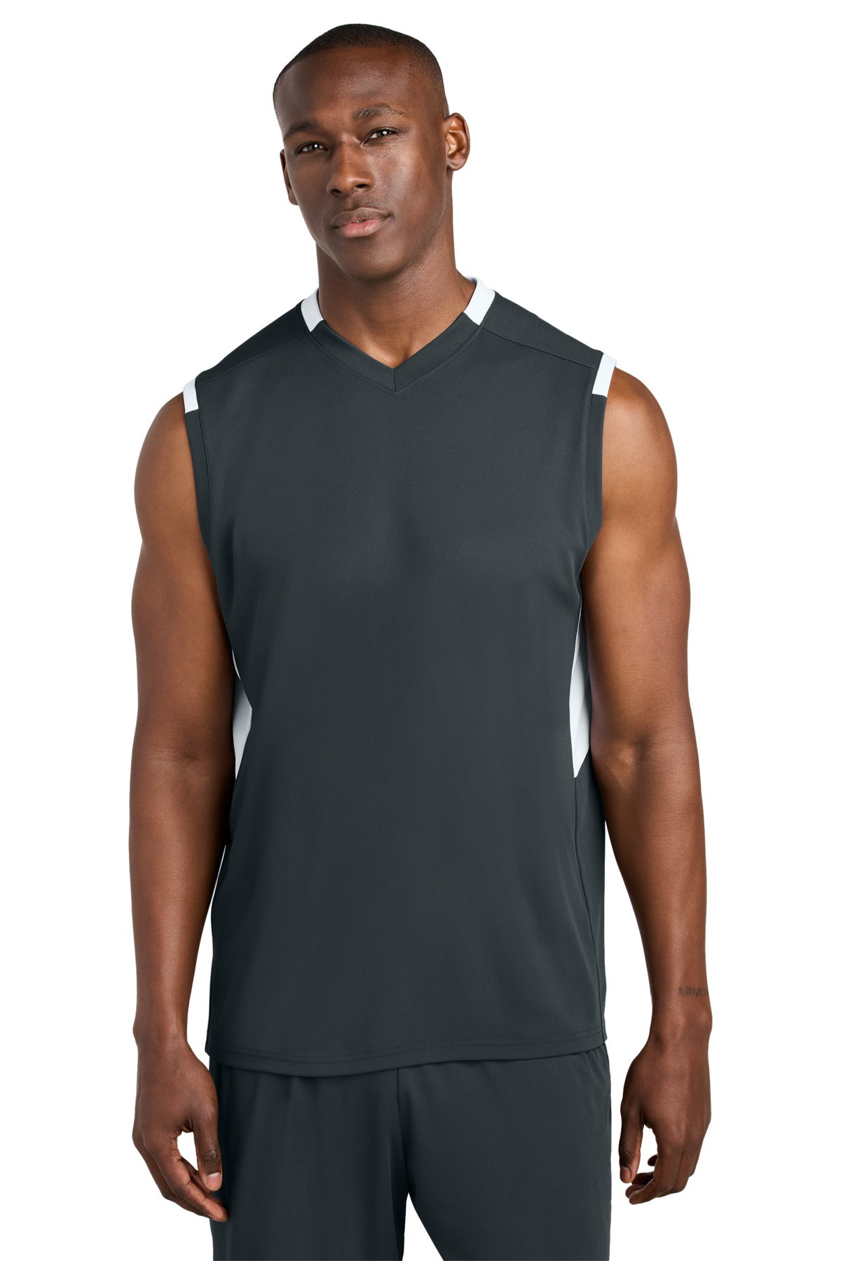 Sport-Tek Club Sleeveless V-Neck ST441 - Iron Grey/ White