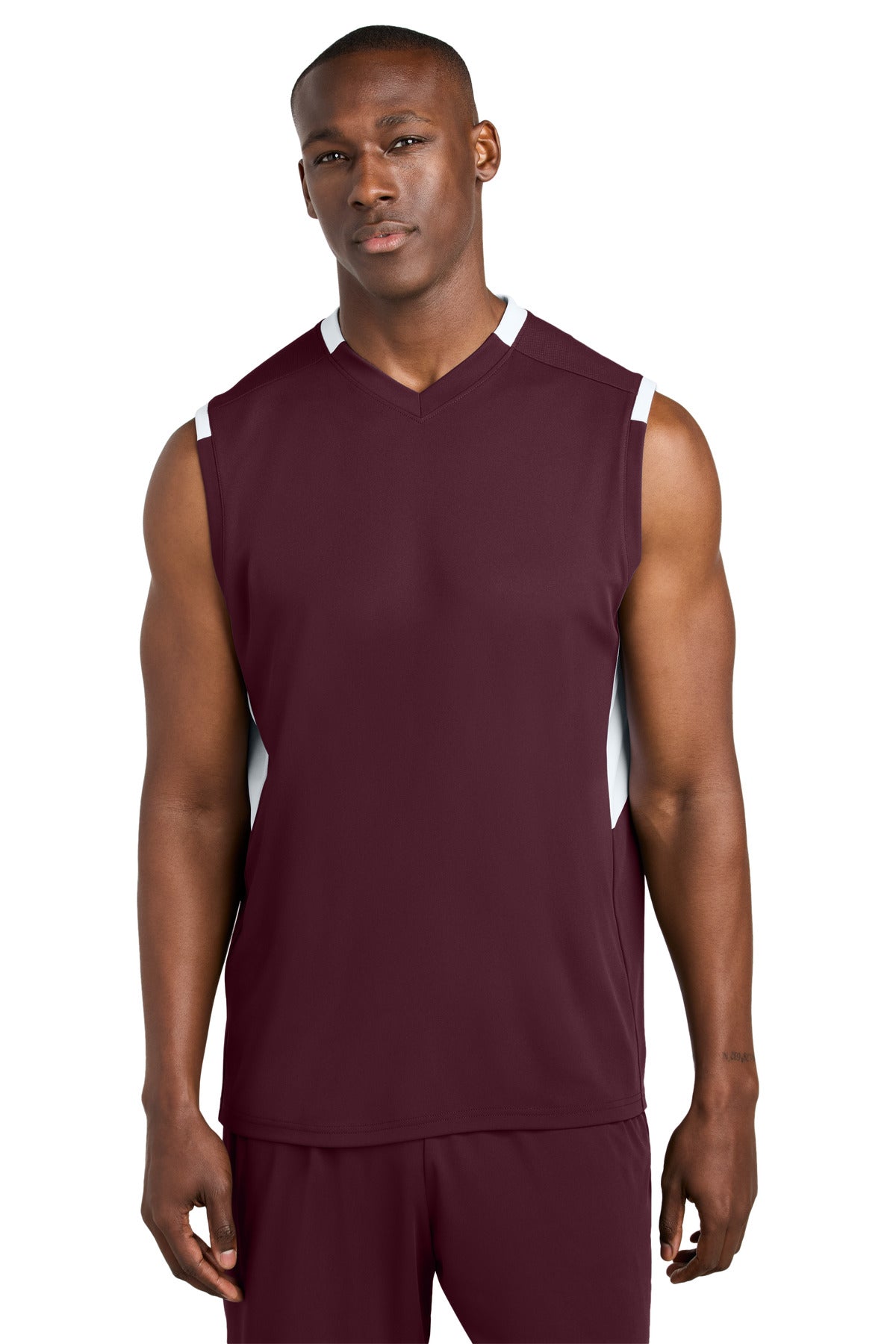 Sport-Tek Club Sleeveless V-Neck ST441 - Maroon/ White