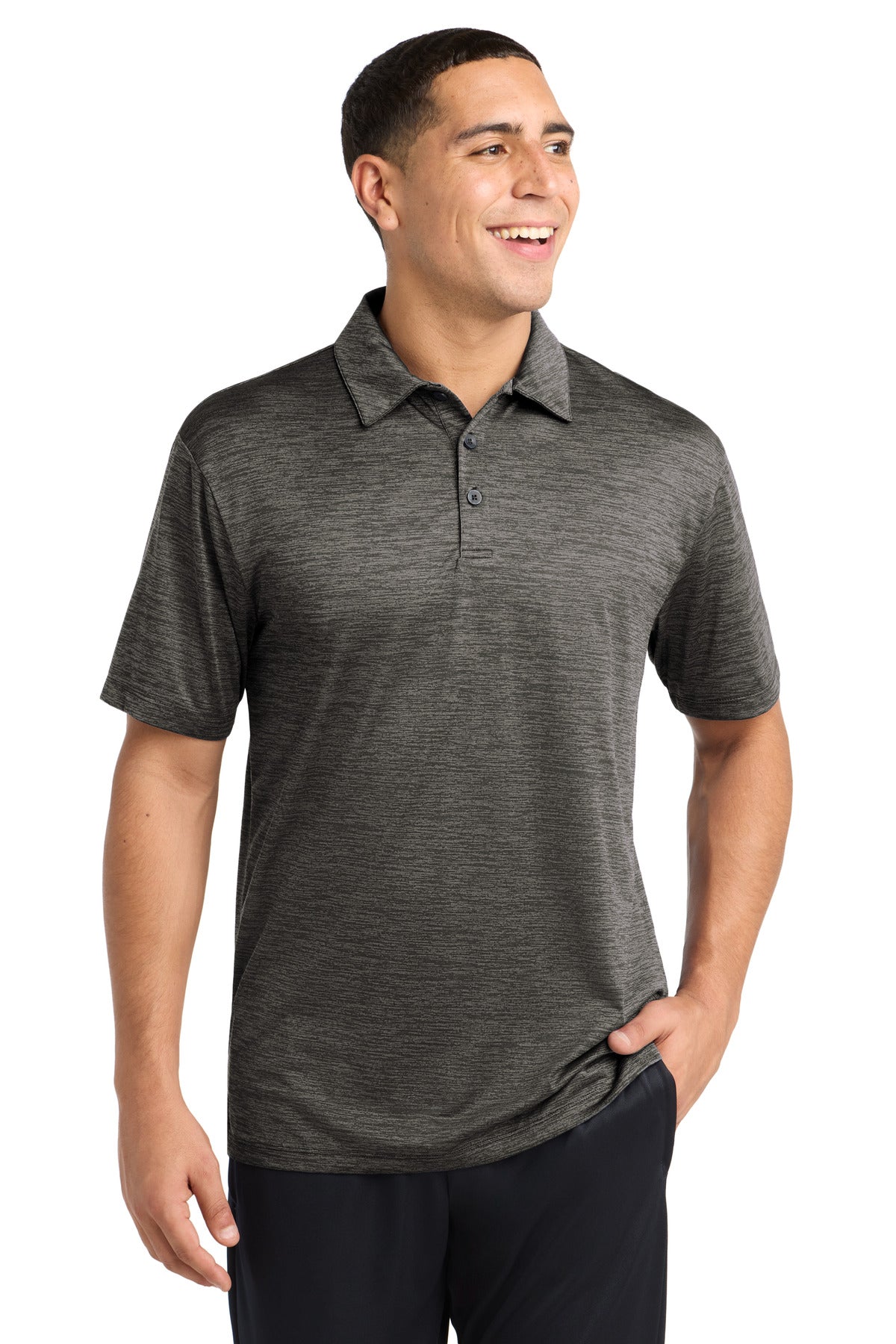 Sport-Tek  PosiCharge  Electric Heather Polo. ST590 - Grey-Black Electric