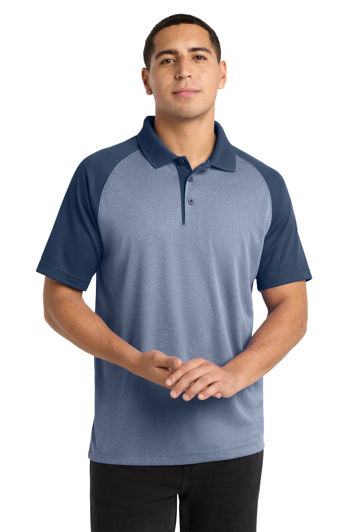 Sport-Tek  PosiCharge  RacerMesh  Raglan Heather Block Polo. ST641 - True Navy Heather/ True Navy