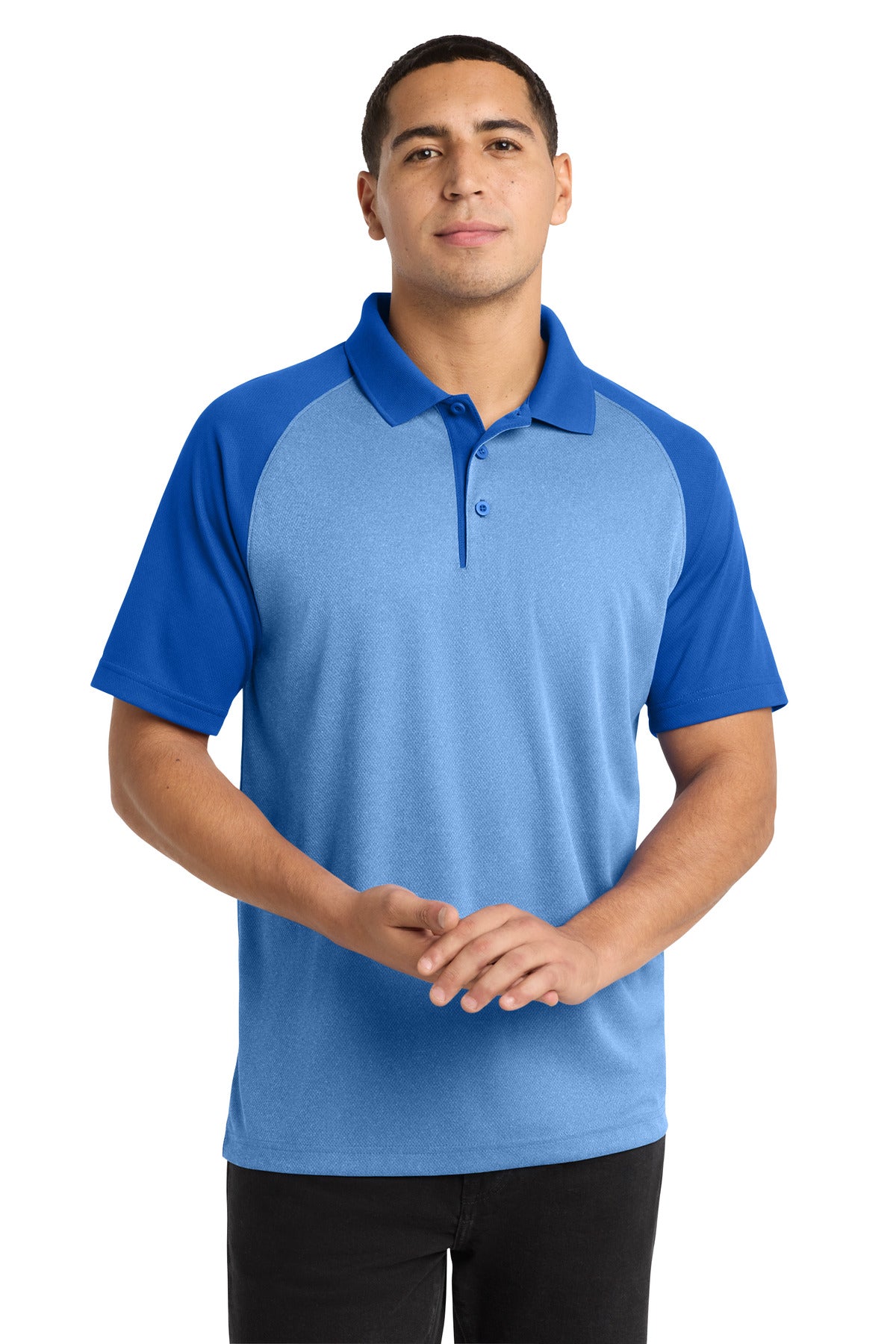 Sport-Tek  PosiCharge  RacerMesh  Raglan Heather Block Polo. ST641 - True Royal Heather/ True Royal