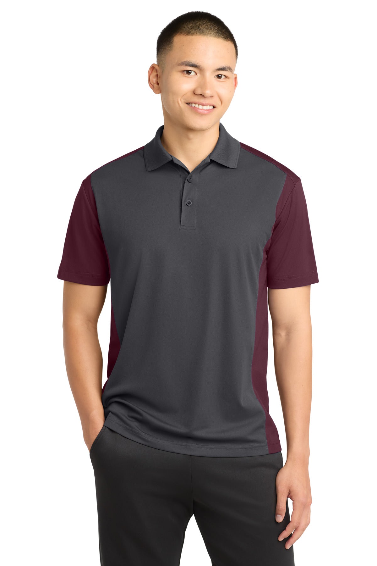 Sport-Tek Colorblock Micropique Sport-Wick Polo. ST652 - Iron Grey/ Maroon