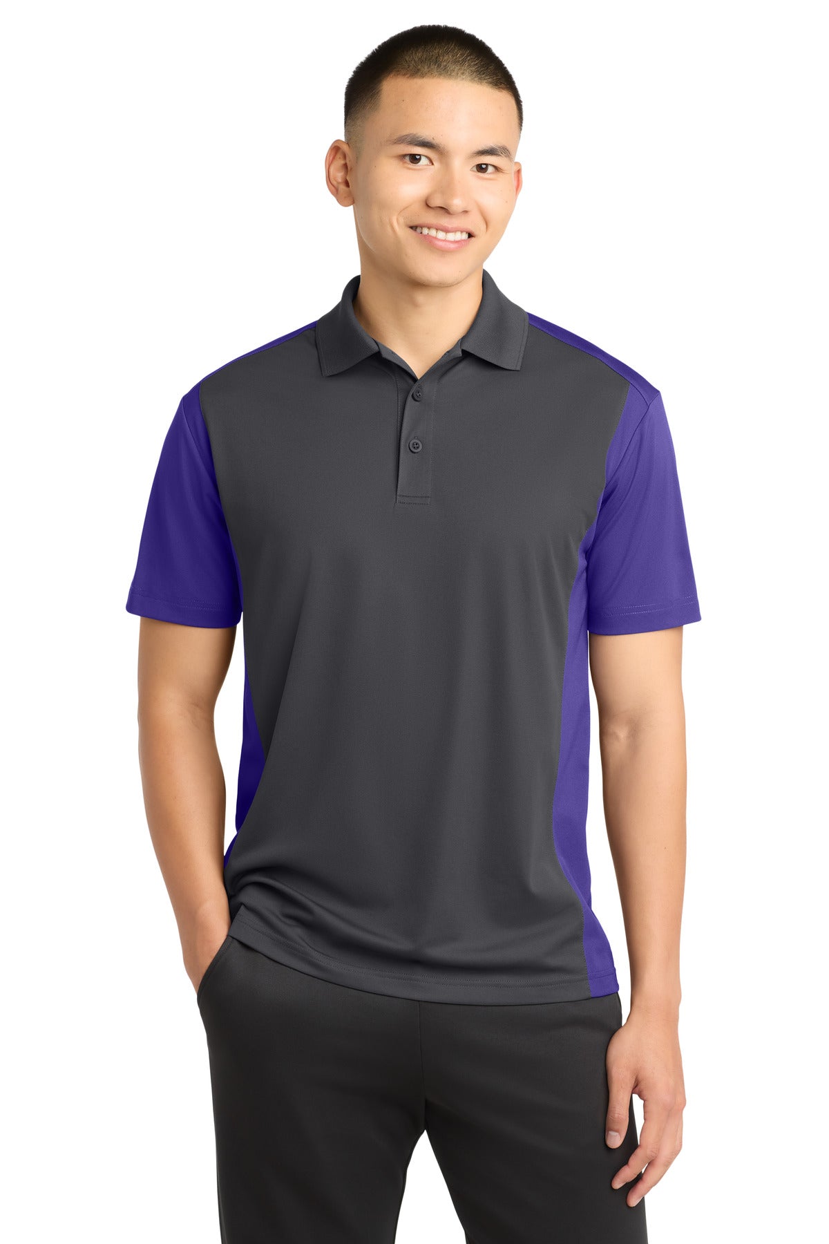 Sport-Tek Colorblock Micropique Sport-Wick Polo. ST652 - Iron Grey/ Purple