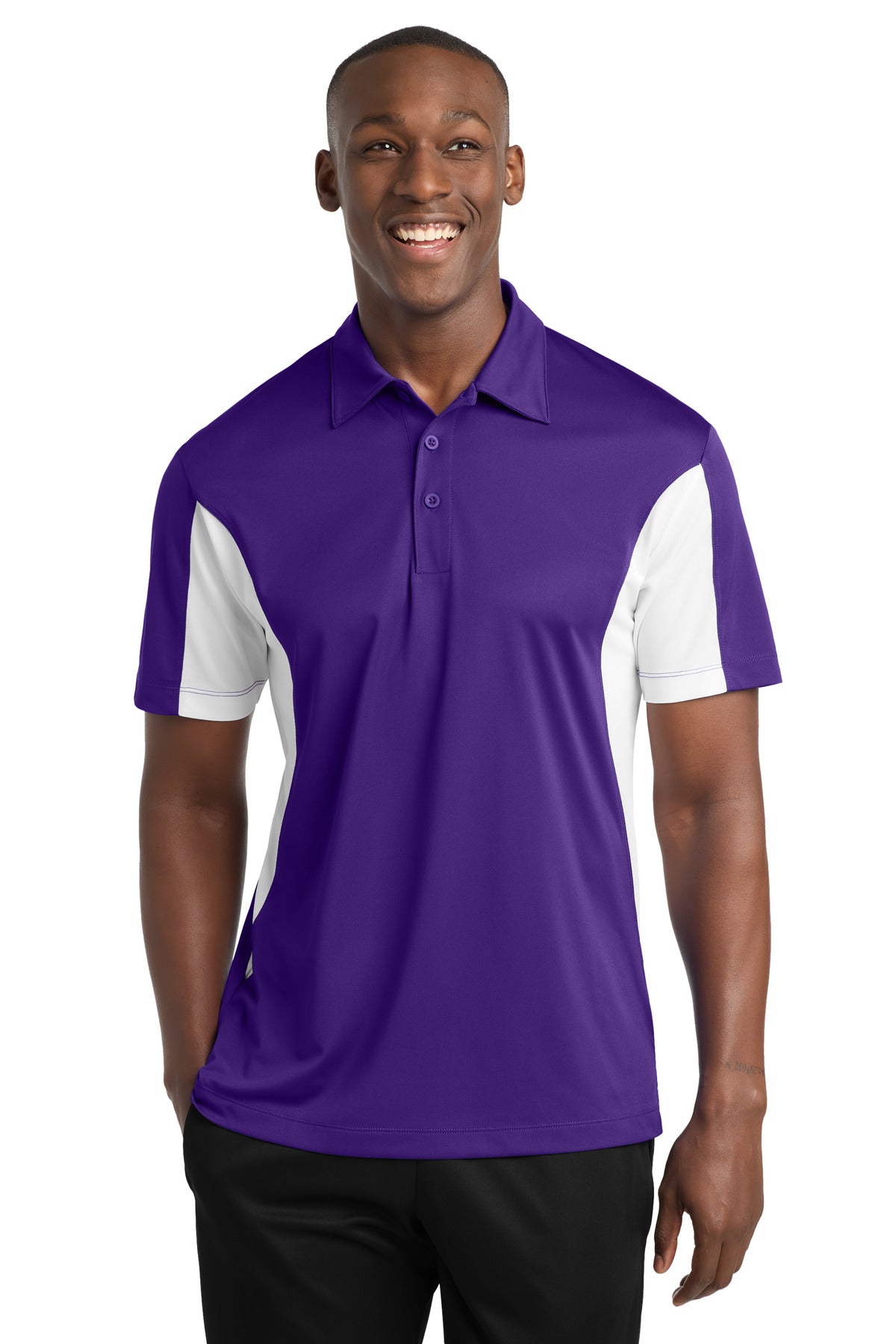 Sport-Tek Side Blocked Micropique Sport-Wick Polo. ST655 - Purple/ White
