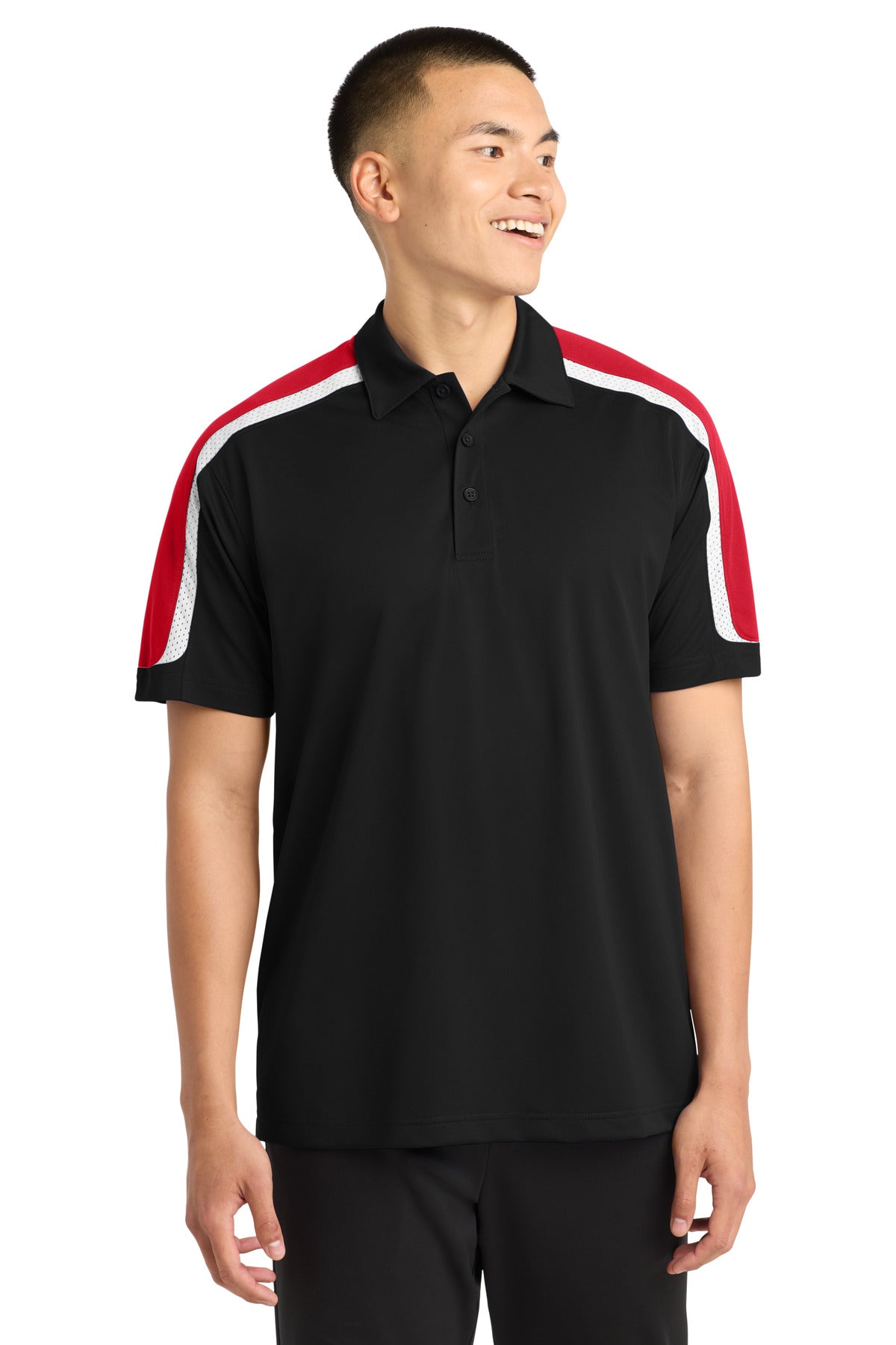 Sport-Tek Tricolor Shoulder Micropique Sport-Wick Polo. ST658 - Black/ True Red/ White