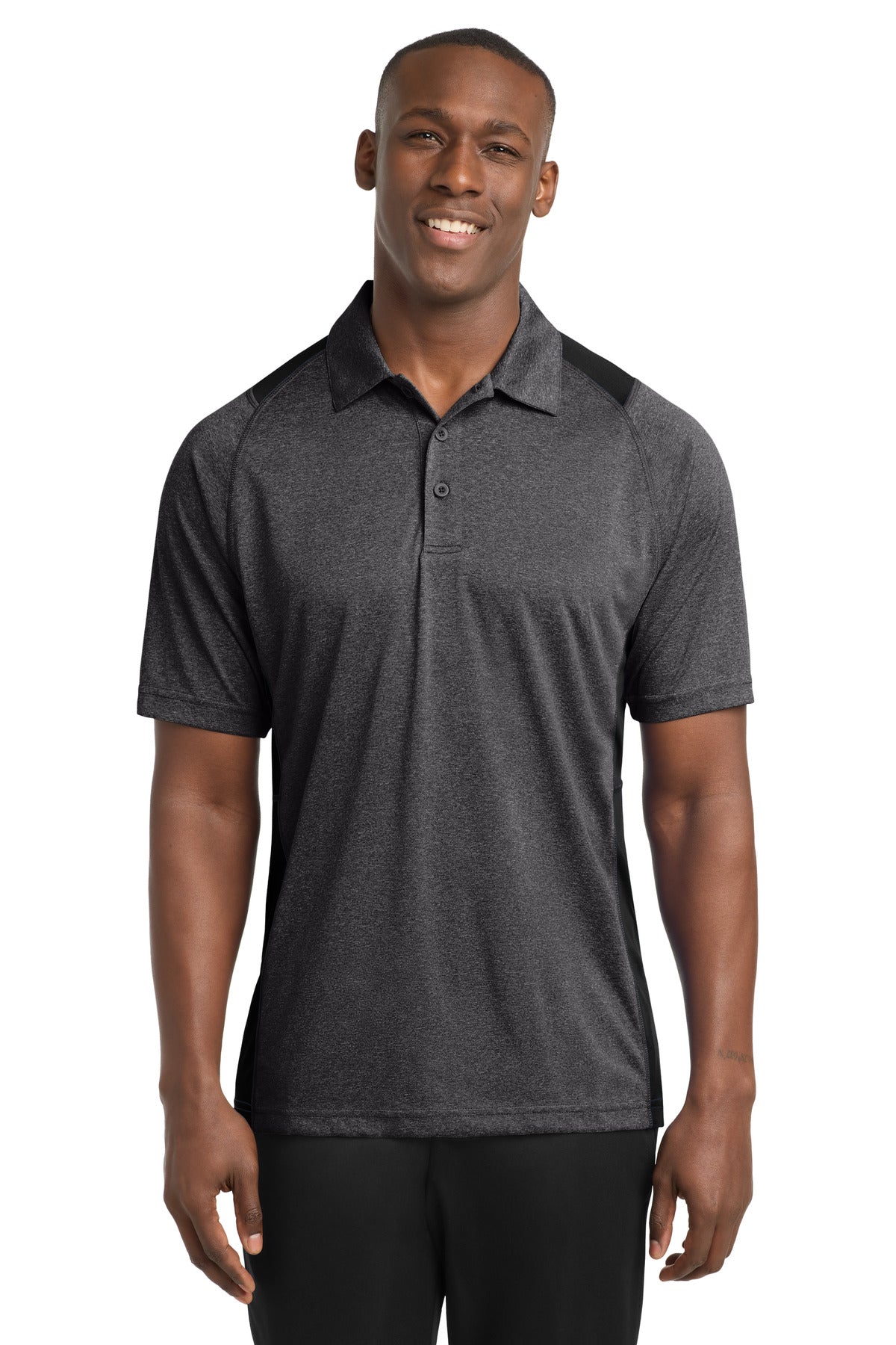 Sport-Tek Heather Colorblock Contender Polo. ST665 - Graphite Heather/ Black