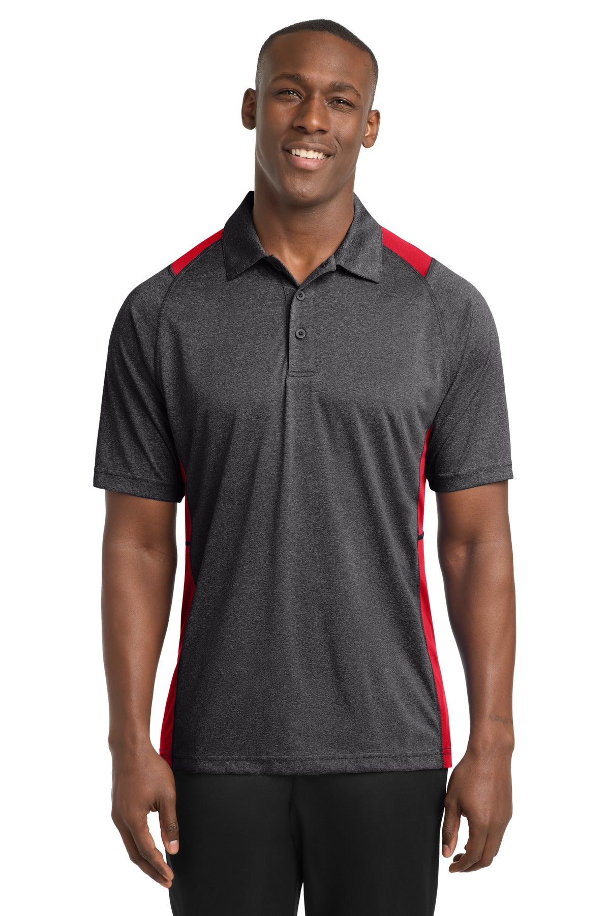 Sport-Tek Heather Colorblock Contender Polo. ST665 - Graphite Heather/ True Red